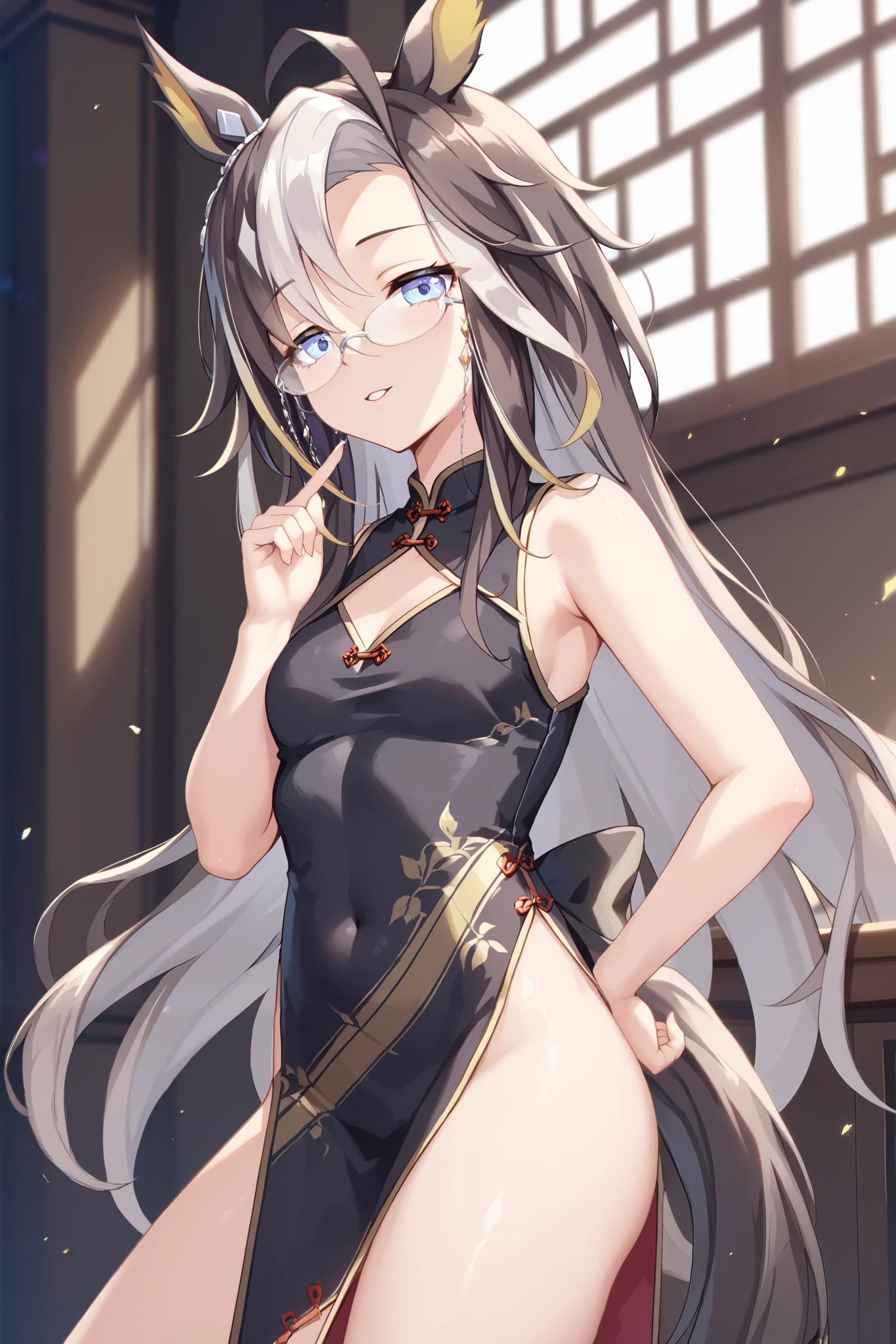 NSFW,masterpiece, top quality, high definition , very detailed,Dream Journey,Dream Journey\(Horse Girl\),Glasses, China Dress , sleeveless,Seduce