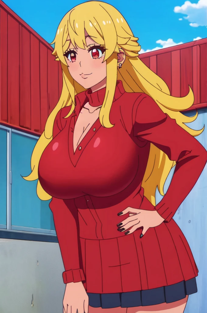 ((best quality)),((highly detailed)),masterpiece,absurdres,detailed face,beautiful face,(detailed eyes, deep eyes),1girl,  Tomo, ((red eyes)), black short skirt , sky, day, cloud, pleated skirt, School rooftop, looking at viewer, open clothes, standing, loose uniform showing cleavage, Gyaru, Big breast, ((full tanned skin)), Glossy lips, a lot of earpiercing, Necklace with heart shape,Bracelet, Half eyes expression, Smirk, feminim,((1girl)),((Solo)),Spouty mouth,Thick lips,colored Long nail,Stylish thick wavy hair,Celeb wavy hair,Tight tights,H cup,Gyaru rings,((Big bouncy breast)),Curvy figure,Half eyes open expression,((((school uniform with long sleeve red sweater )))),unbuttoned school uniform,cleavage,Solo,Heart shape emote,Detailed hand,Thick lips,half eyes,Humongous Breast,Dangerous cleavage,Stand out cleavage,Eyelash,((yellow blond colored hair)),Colorless lips,Enchanched breast,Show off cleavage,Body facing front,Gaze on viewer,Stud earring,Needy girlfriend,Needy bitch behaviour,Chocker,Detailed hand,Crossing hand,Swaying hips,puckered lipa expression,1hand crossing arm,white collar,Cleavage,Loose sweater