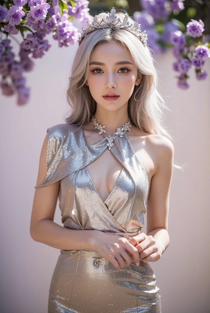 Anime-style woman, thin, thin, whole body, Full of tattoos, Lots of earrings, Beautiful and shiny hair, Rainbow Eyes, Slanted Eyes, Wavy silver hair, Kind and charming, shoulderを露出させる, Delicate and sexy collarbone, Attractive oval face, double eyelid, Pink Lips, Small Nose, Concentrated face, Ultra-high resolution, Very detailed, Graceful posture, Nice, ultra-thin,whole body,arm,shoulder,chest,Egyptian genitals covered in magenta rhinestone body art paint, Glowing Skin, Realistic Background, sunlight,Sunburned, Sunburn,Burning idol pose,There are lots of rhinestones on the body