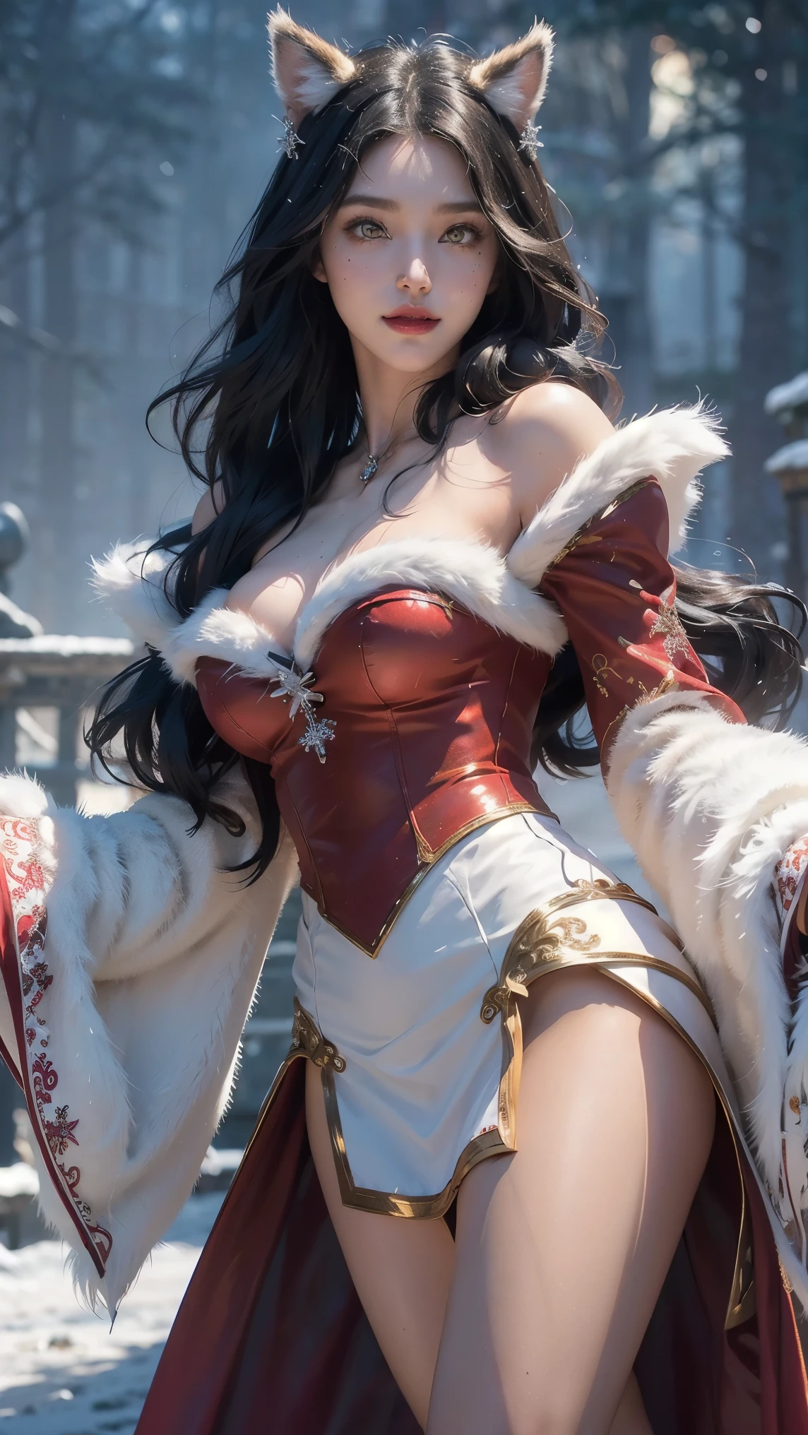 Ahri,(best qualityer,4K,8k,high resolution,work of art:1.2)(weather: snowing), Mondstadt town background, Christmas ballroom, kyubi outfit, long Christmas gown dress, winter gloves, crystal corset, stockings, high heels, snowflake neck and ears jewelry, snowflake embroidery, fox ears, long fox tail, cheek mole, whisker-like marks, long curly hair,  black hair, ultra detailed, realistic, portrait,beautiful detailed golden yellow eyes with slit-shaped pupils, glowing eyes,blush,beautiful detailed lips,extremely detailed eye and face, long eyelashes,sexy,average, large breasts,beaming smile, flirty smile, powerful girl, elegant pose, stunning curves, bright coloured, dramatic lighting, Christmas lights, Christmas decorations,