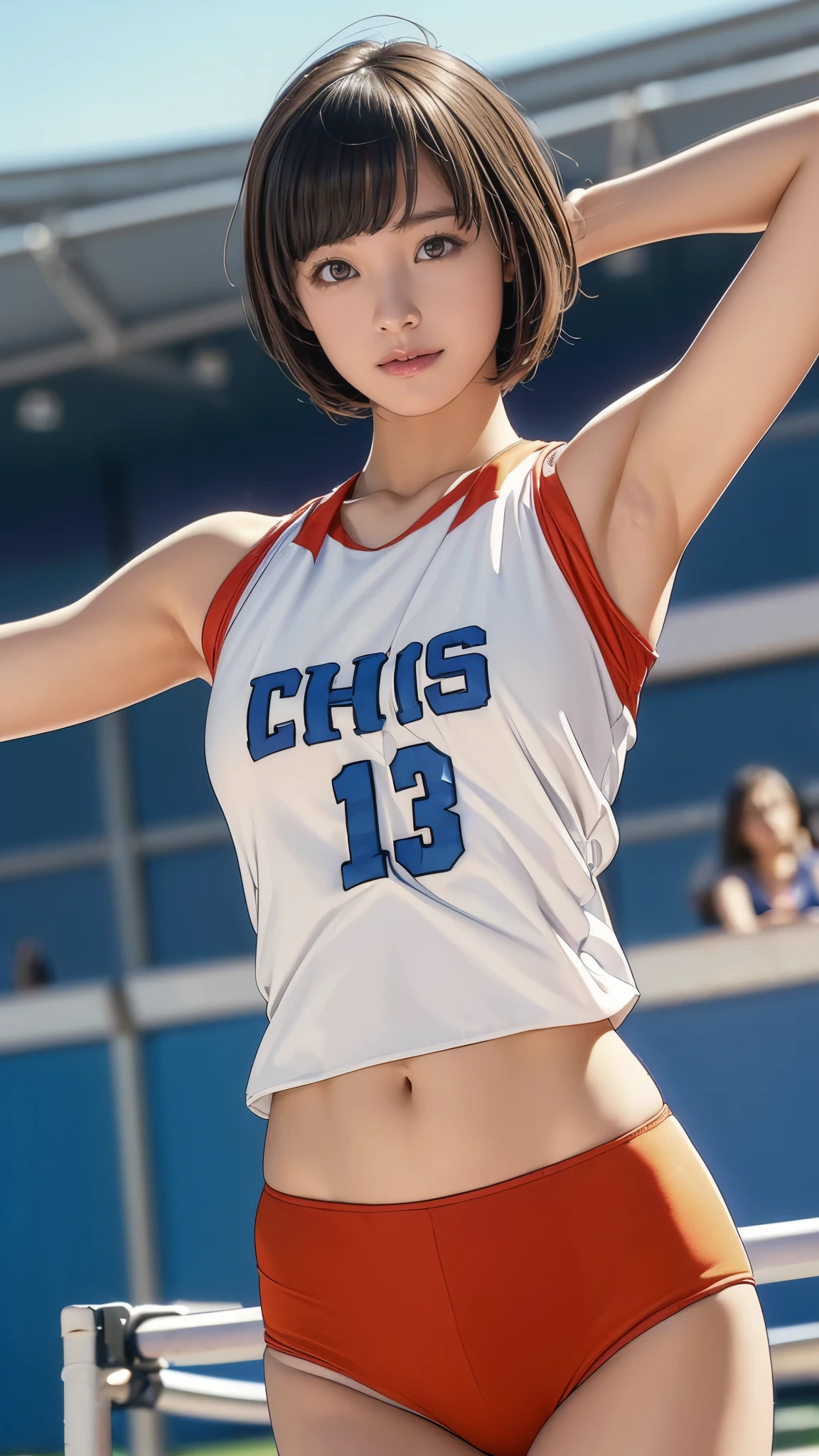 (masterpiece:1.5, Top image quality, 8K、Photorealsitic:1.9)、(cheer girl:1.5)、a miniskirt、A smile:1.3、独奏, Short blouse, no-bra, Latina, puberty, Sheer panties、 frombelow, Beautiful feet、coxa、obscenity, sports ground、hard breathing, Sex Expressions, Open legs、shinny skin、Glossy lips、Beautiful skin、Muscle exposure、Light on the Face、Cheer Dance Club、1 persons、large boob、((Black eyes))