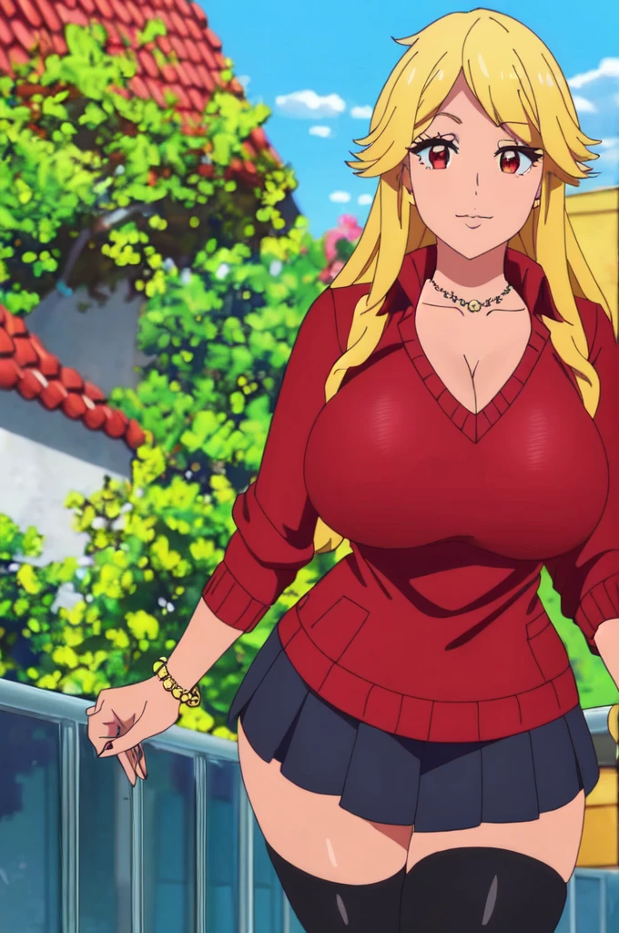 ((best quality)),((highly detailed)),masterpiece,absurdres,detailed face,beautiful face,(detailed eyes, deep eyes),1girl,  Tomo, ((red eyes)), black short skirt , sky, day, cloud, pleated skirt, School rooftop, looking at viewer, open clothes, standing, loose uniform showing cleavage, Gyaru, Big breast, ((full tanned skin)), Glossy lips, a lot of earpiercing, Necklace with heart shape,Bracelet, Half eyes expression, Smirk, feminim,((1girl)),((Solo)),Spouty mouth,Thick lips,colored Long nail,Stylish thick wavy hair,Celeb wavy hair,Tight tights,H cup,Gyaru rings,((Big bouncy breast)),Curvy figure,Half eyes open expression,((((school uniform with long sleeve red sweater )))),unbuttoned school uniform,cleavage,Solo,Heart shape emote,Detailed hand,Thick lips,half eyes,Humongous Breast,Dangerous cleavage,Stand out cleavage,Eyelash,((yellow blond colored hair)),Colorless lips,Enchanched breast,Show off cleavage,Body facing front,Gaze on viewer,Stud earring,Needy girlfriend,Needy bitch behaviour,Chocker,Detailed hand,Crossing hand,Swaying hips,puckered lipa expression,1hand crossing arm,white collar,Cleavage,Loose sweater