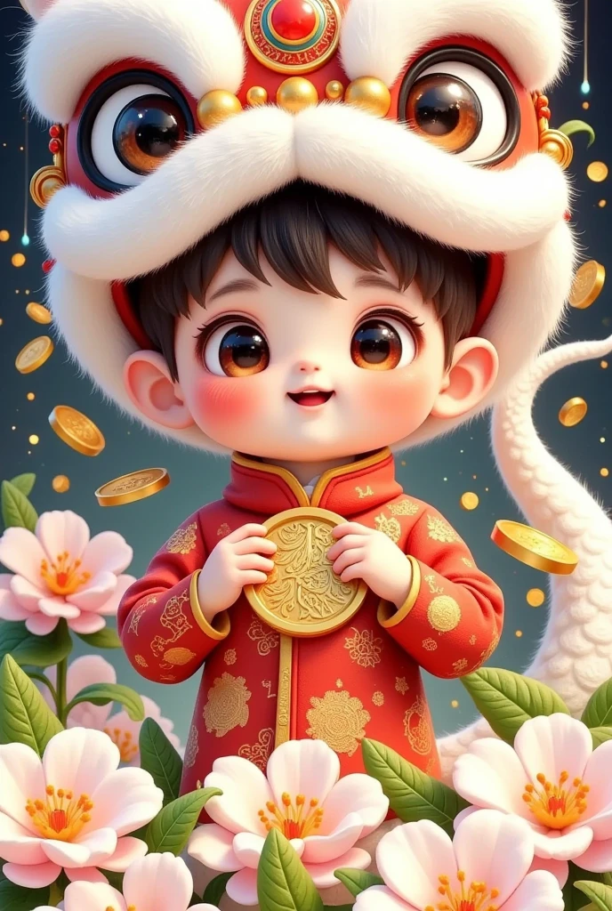 🐍，(美丽的男孩头上戴着中国Lion hat特写)，Lion hat， cute faces，Rain of coins in the air。Flowers，white snake tail，