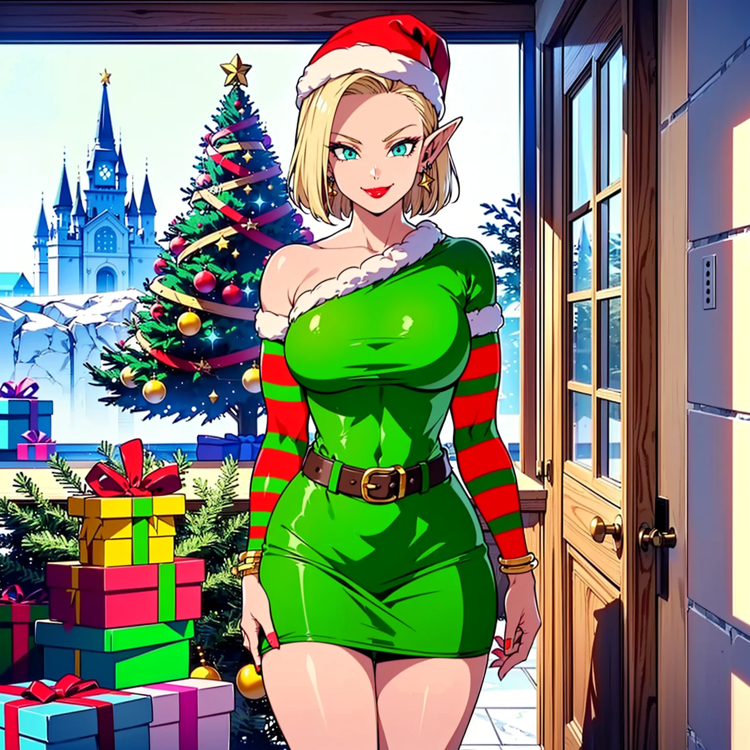 ((1girl, solo ,alone, (Android 18, 1girl, android 18, solo, blonde hair, short hair, blue eyes, earrings, jewelry), muscular female, gold bracelets, ruby earrings)), fitness, ((solo, (1woman, pink lipstick), Extremely detailed, ambient soft lighting, 4k, perfect eyes, a perfect face, perfect lighting, a 1girl)), ((fitness, , shapely body, athletic body, toned body)), ((elf costume, santa elf, christmas elf outfit, green outfit, red outfit, felt, jingle bells, green dress green and red dress, striped socks, red and white socks, high heels, christmas hat, lining, christmas decoration, christmas trees, flowers, gifts, garlands, window, night, smug, marble floor, red lipstick, smug, ice castle, ice walls))