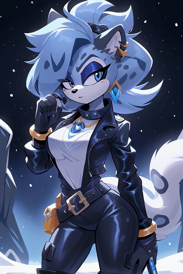 A female character with characteristics used in the IDW's Sonic universe.whole body.CHARACTERISTICS;snow leopard.outfit;Oshen-i,bracelet,necklase,earrings,leather.clothes colors are ;white and sapphire blue, spy outfit, holding a silenced pistol, blizzard mountainside background 