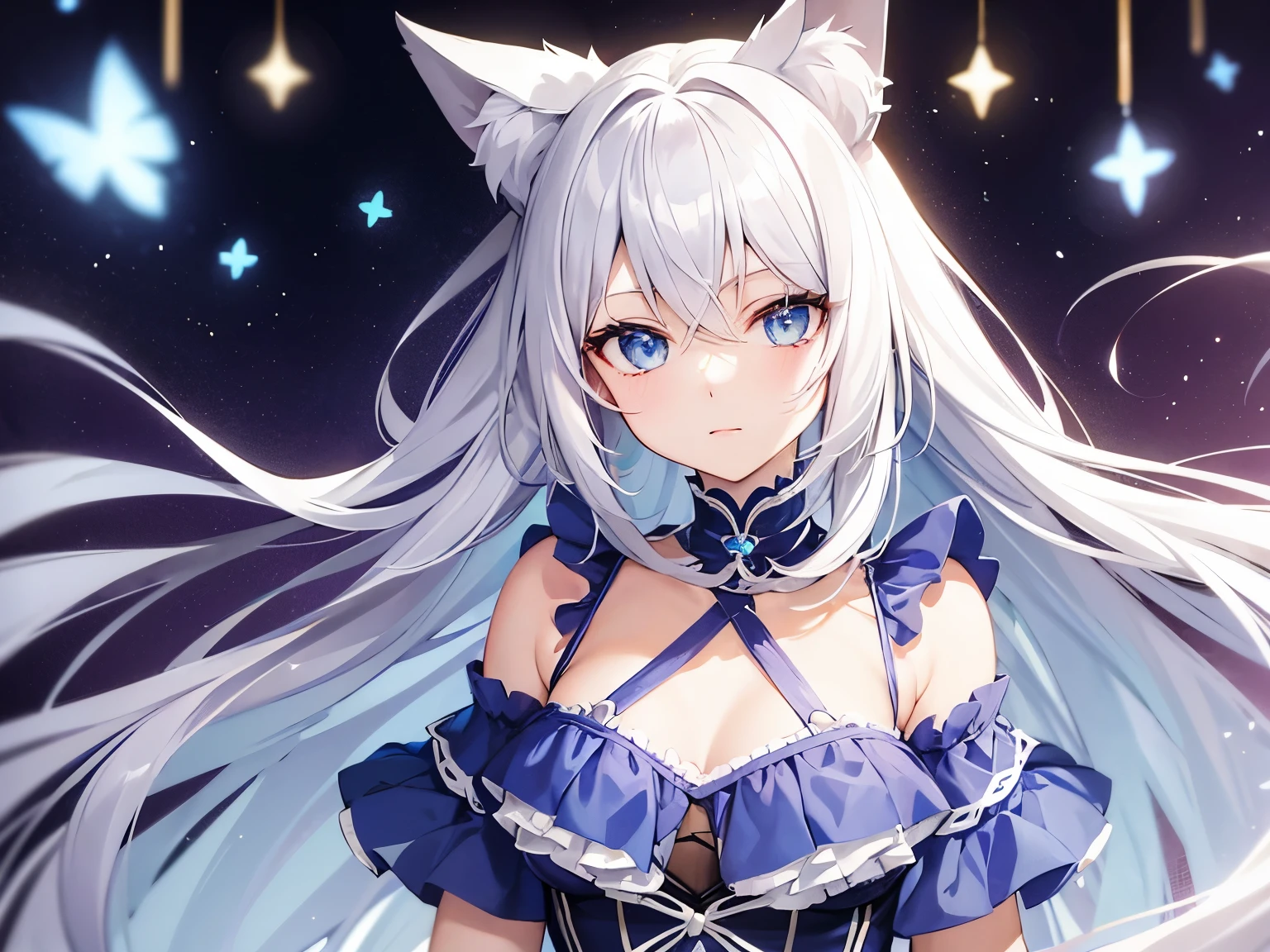 A cat girl with long white hair and ocean blue eyes with star shaped highlight wearing a white dress