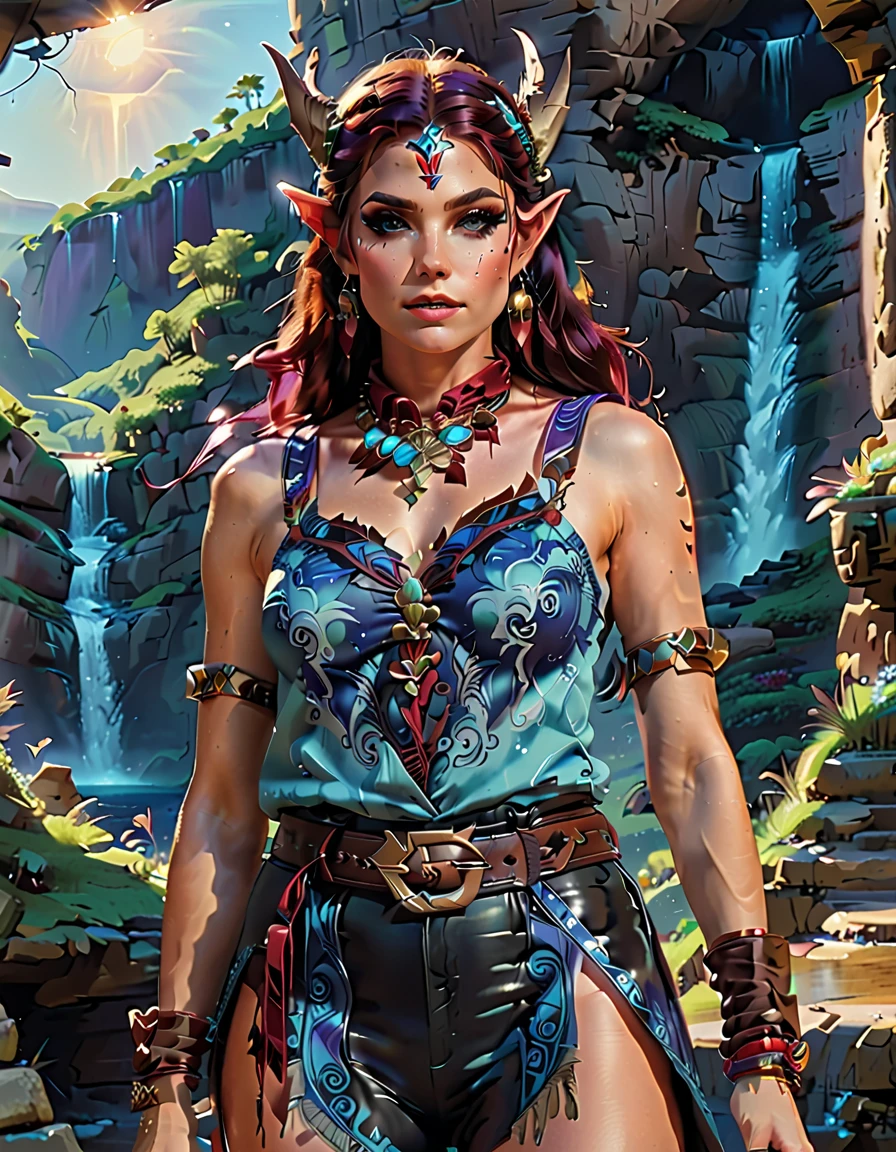 A tall woman in realistic portrait of high quality and detail, european, Chasca (Genshin Impact), turquoise drawings on the body, long elf ears, 30yo, perfect face, athletic body, Dark red hair reaching to the middle of the back, and bright blue eyes. The bangs have a purple tint at the tips and completely cover the left eye. If you look closely, you will notice a small pigtail on the right side of the head. a short sleeveless top with a cutout at the bottom, black leggings of different lengths, high-heeled boots and a red scarf around the neck. Her image is completed by a brown belt with a massive buckle, a hat with feathers, a gold earring in her right ear and fingerless gloves, pointed ears. dark fantasy, Movie style, light atmosphere, happy look, beautiful pink makeup, glow, eye shadow, 1girl, Depth & Perspective, fine face, She stands on the stone, outdoors, waterfall on background, day time, looking at viewer, (ultra-high detail:1.2), Masterpiece, Best Quality, Ultra-detailed, Cinematic lighting, 8K, delicate features, cinematic, 35 mm lens, f/1.9, highlight lighting, global lighting –uplight –v 4, cinematic, Cinematic lighting, 8K, high quality, Highest Quality, (Solo Focus), (extremly intricate:1.3), (Realistic), masterful, Analog style, (Film grain:1.5), (cold tone)