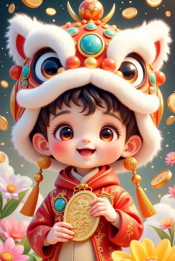 🐍，(美丽的男孩头上戴着中国lion hat特写)，lion hat， cute faces，Rain of coins in the air。Flowers，