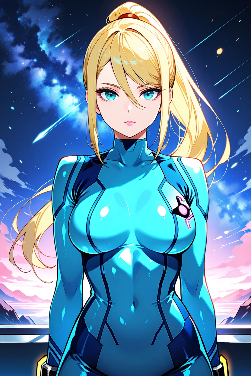 masterpiece, best quality, incarnate details, 8k, uhd, perfect skin, samus aran, ponytail, hair tie, blue gloves, blue bodysuit, (mature female:1.2), background spacecraft, <lora:samus-nvwls-v1:0.8>