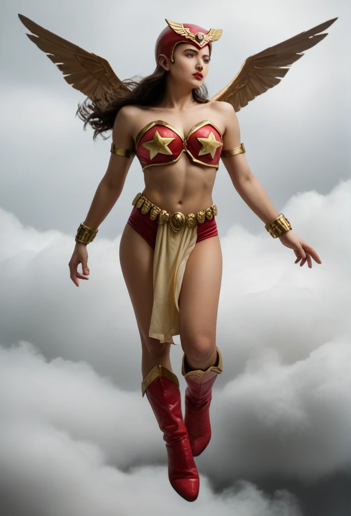 1girl, darna, black hair, long hair, brown hair, lipstick,
helmet, bare shoulders, bikini armor,high boots, bracelet,deep cleavage, loincloth, midriff, navel, pelvic curtain, Flying in the clouds,huge breast,