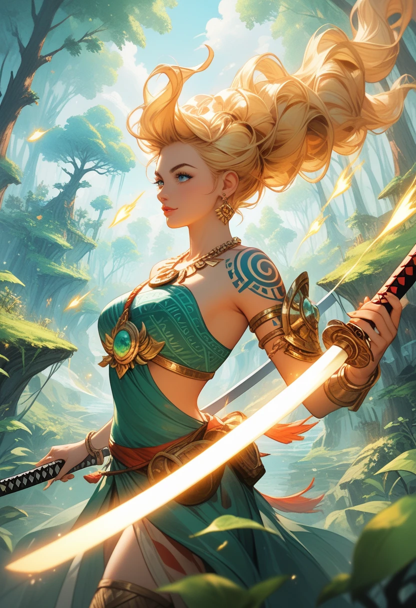 A breathtaking fantasy artwork showcasing a warrior standing amidst an enchanted forest. Their flowing robes combine intricate tribal designs with armor-like elements, and glowing tattoos illuminate their body. A radiant katana is held firmly, its energy blending with the mystical forest aura. The environment features lush vegetation, luminous fungi, and floating magical orbs that cast a surreal blue-green light. Golden sparks dance in the air, enhancing the ethereal atmosphere