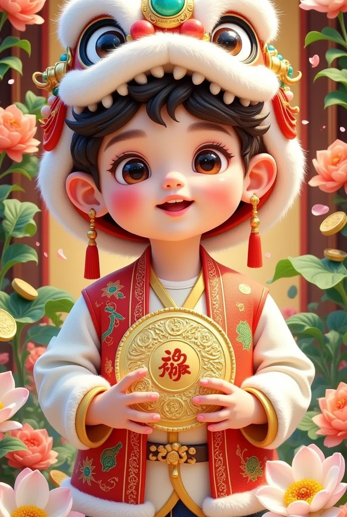 🐍，(美丽的男孩头上戴着中国lion hat特写)，lion hat， cute faces，Holding a gold coin in his hand，Rain of coins in the air。Flowers，