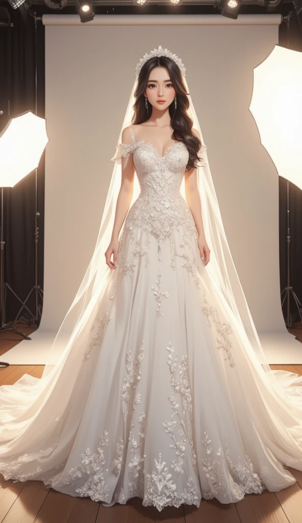 A beautiful young Korean woman is posing in a professional photography studio, wearing an elegant white wedding dress. The dress is intricately detailed with lace patterns, delicate embroidery, and shimmering beads that reflect the studio's soft lighting. Her long black hair is styled in loose waves, cascading over her shoulders, with a few strands framing her oval-shaped face. She wears a subtle yet radiant makeup look, emphasizing her almond-shaped dark brown eyes, rosy cheeks, and natural pink lips. 

Her graceful posture exudes confidence and elegance as she slightly turns her body to face the camera, with one hand gently holding the edge of her flowing dress. The gown features a fitted bodice, highlighting her slim waist, and a voluminous skirt that trails behind her, giving a classic bridal silhouette. A delicate veil drapes over her back, adding a touch of tradition and sophistication to her modern bridal look. 

The studio setup includes a neutral backdrop with soft white and beige tones, complemented by strategically placed lights that cast a warm glow, accentuating the details of the dress and her natural beauty. The floor is polished wood, and a soft spotlight focuses on her, creating a dreamy, cinematic atmosphere. Around her, professional cameras and lighting equipment can be seen, emphasizing the professional photography session. The overall composition is elegant and timeless, capturing the essence of bridal beauty and the joy of a special day.
(anime style 32K, HDR, UHD, intricate detail, extremely intricate detail, hyperrealistic, extremely realistic, high quality, vivid color, extremely detailed).