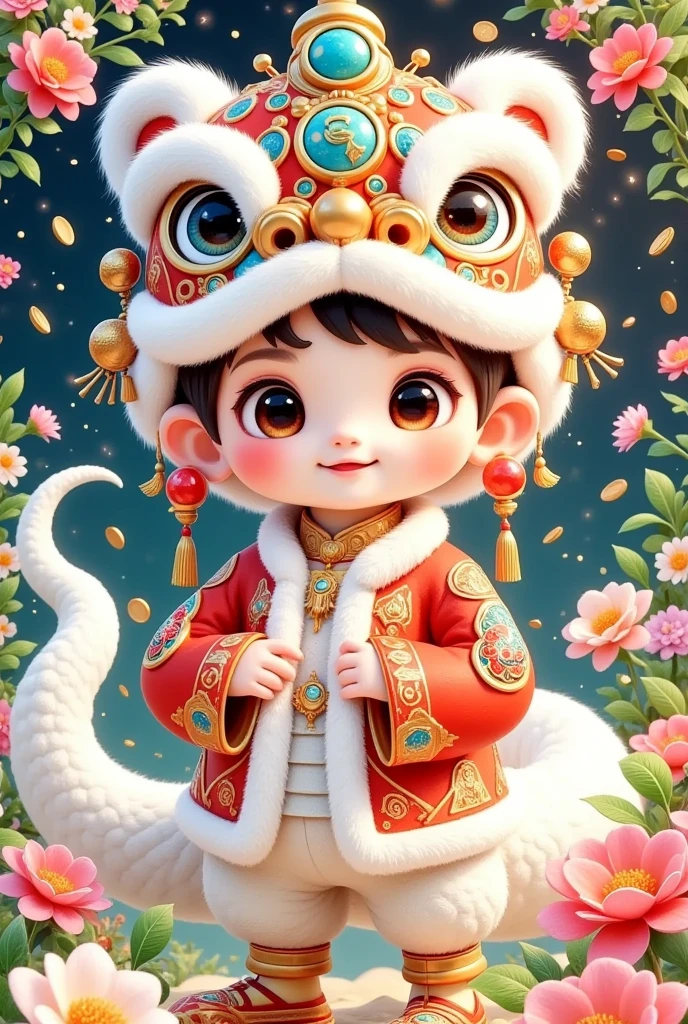 🐍，(美丽的男孩头上戴着中国Lion hat特写)，Lion hat， cute faces，Rain of coins in the air。Flowers，white dragon tail，