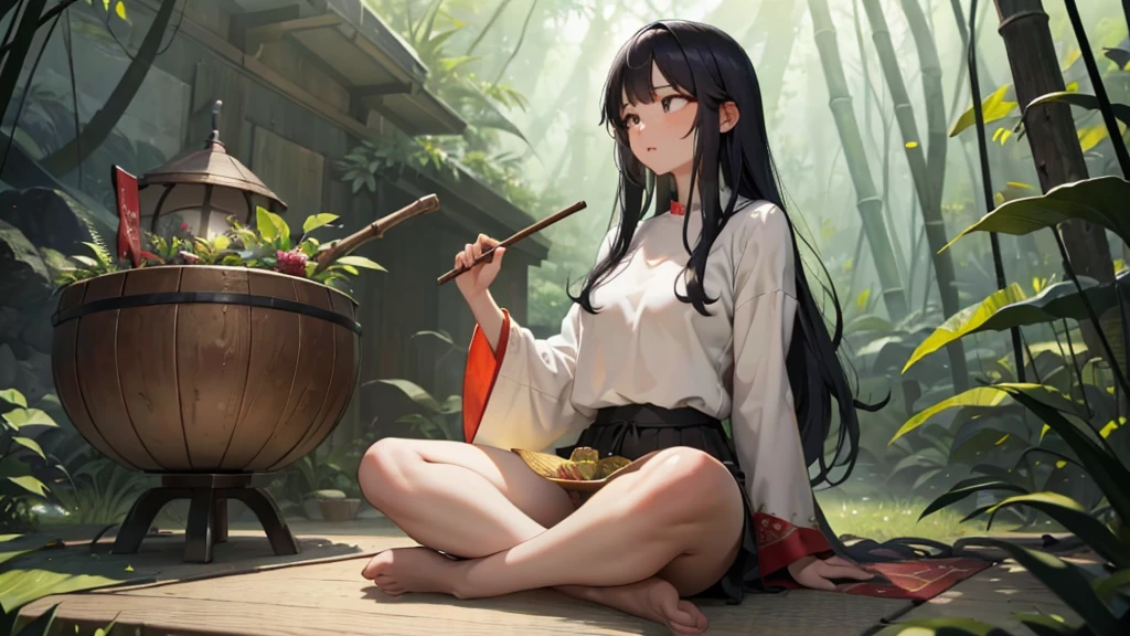 Realistic style outdoor meditation scene： A black-haired woman sits cross-legged on a wooden platform ， The background is a dense green jungle。 She wears a colorful loose long-sleeved top and white pants ， hand-held red percussion stick ，It is light Tap a golden singing bowl ， the posture is focused and tranquil 。 In front of her, there are multiple singing bowls of different sizes Golden Singing Bowl ，The smooth surface reflects natural light。Next to her ，A large metal gong hangs， hanging on a black metal frame ， the surface has a slight luster 。 next to it there is a woven bamboo basket ， There are wooden percussion mallets and other meditation tools 。The whole scene is filled with a natural and quiet atmosphere， presenting a feeling of peace and concentration ， The slight reflection of the wooden floor adds a delicate realistic effect