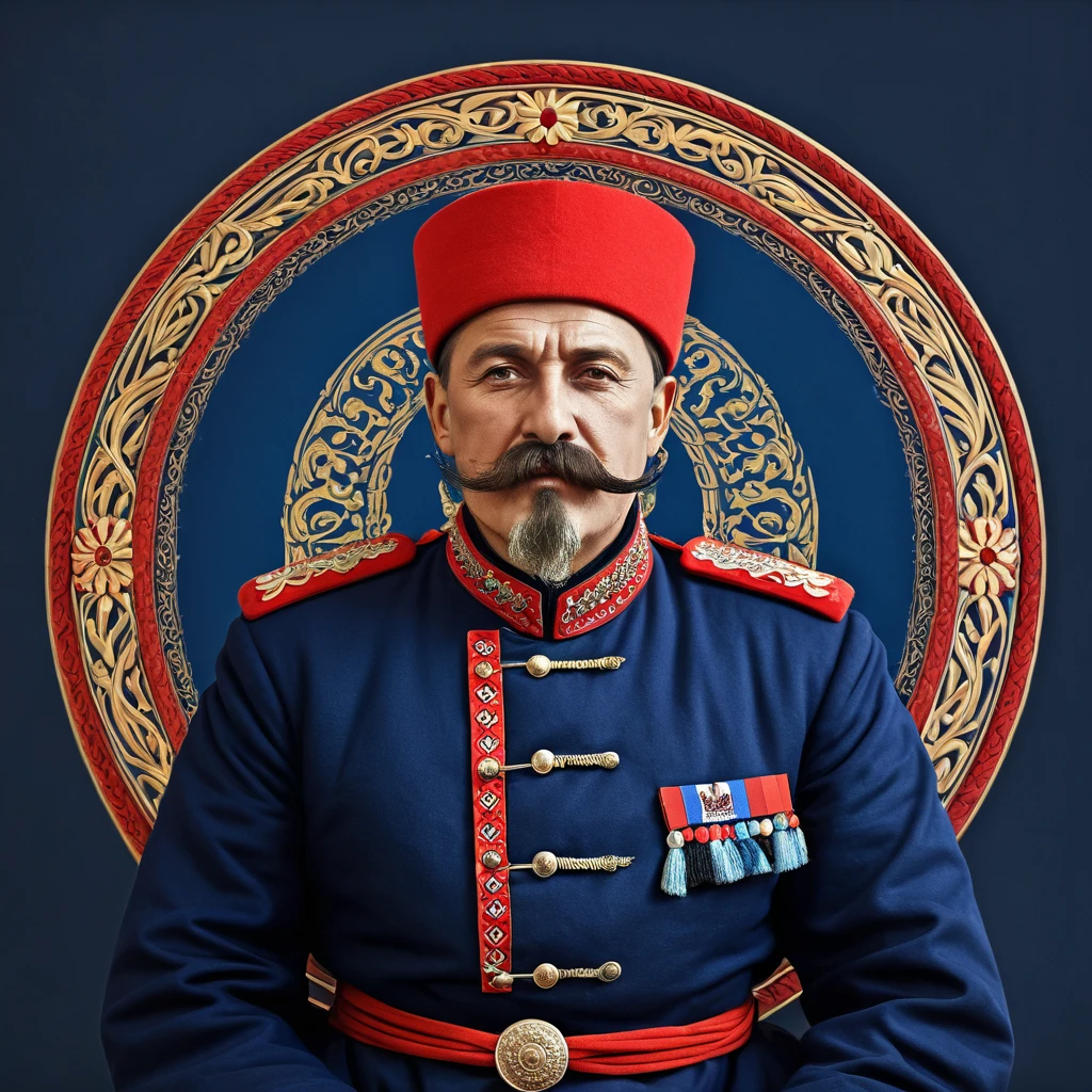 логотип для brandа, brand, round background ,  man in a round background ,  Don Cossack from Russia ,  old Russian military, looking at the camera and wrapping his mustache.  dressed in traditional Cossack clothes . название brandа "DONSKOI KAZAK " written below .  he has the 1920 style of the Russian Empire .  Dark blue and red colors are used in clothes.