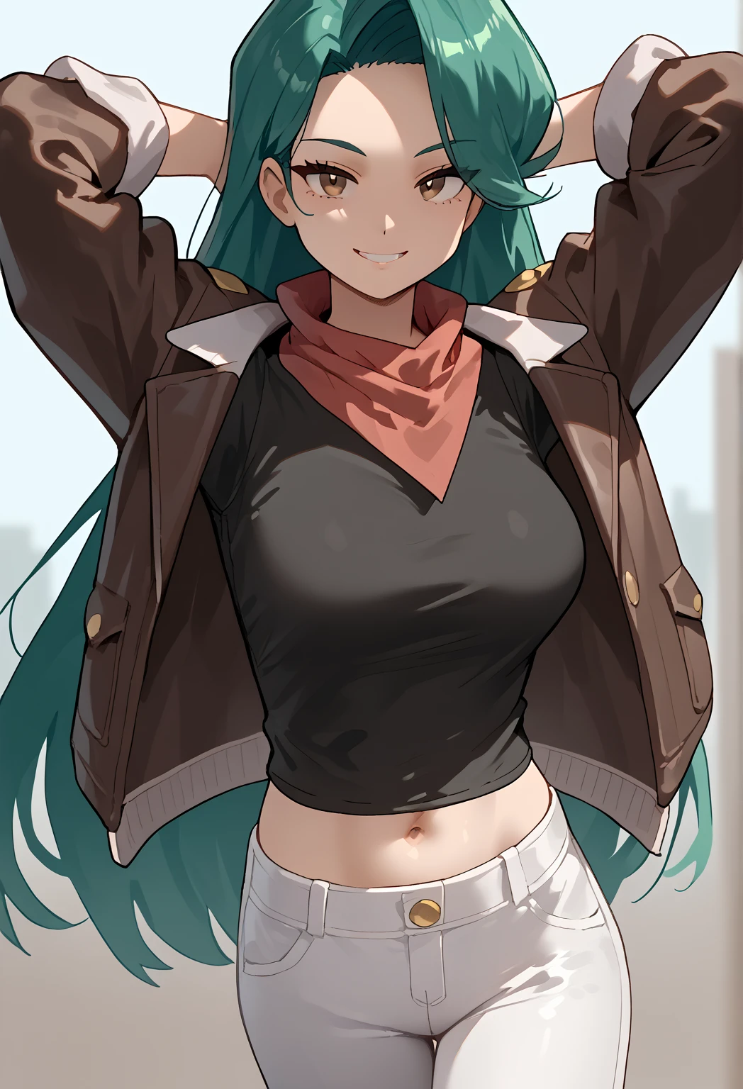 (source_anime, score_9, score_8_up, score_7_up:1), 1girl, solo, traineremmie, long hair, green hair, brown eyes, emmieoutfit, black shirt, bomber jacket, white pants, neckerchief, (large breasts:0.75), navel, midriff, arms raised, looking at viewer, smile