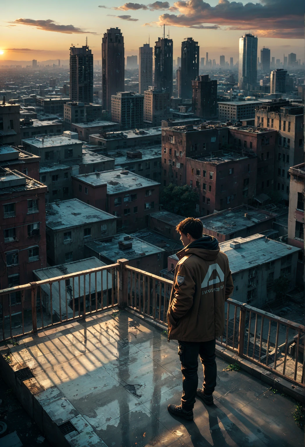 jacket, strategically_placed, essentials_covered, confidence, warm, abandoned_city, rooftop, dawn, soft_golden_glow, painting_effect, modern_day_Venus, ashes, warmth, lifeless_space, contrast, sharp_lines, rich_black, soft_bare_skin, shadows, silhouettes, powerful_statement, strength, vulnerability, chilly
