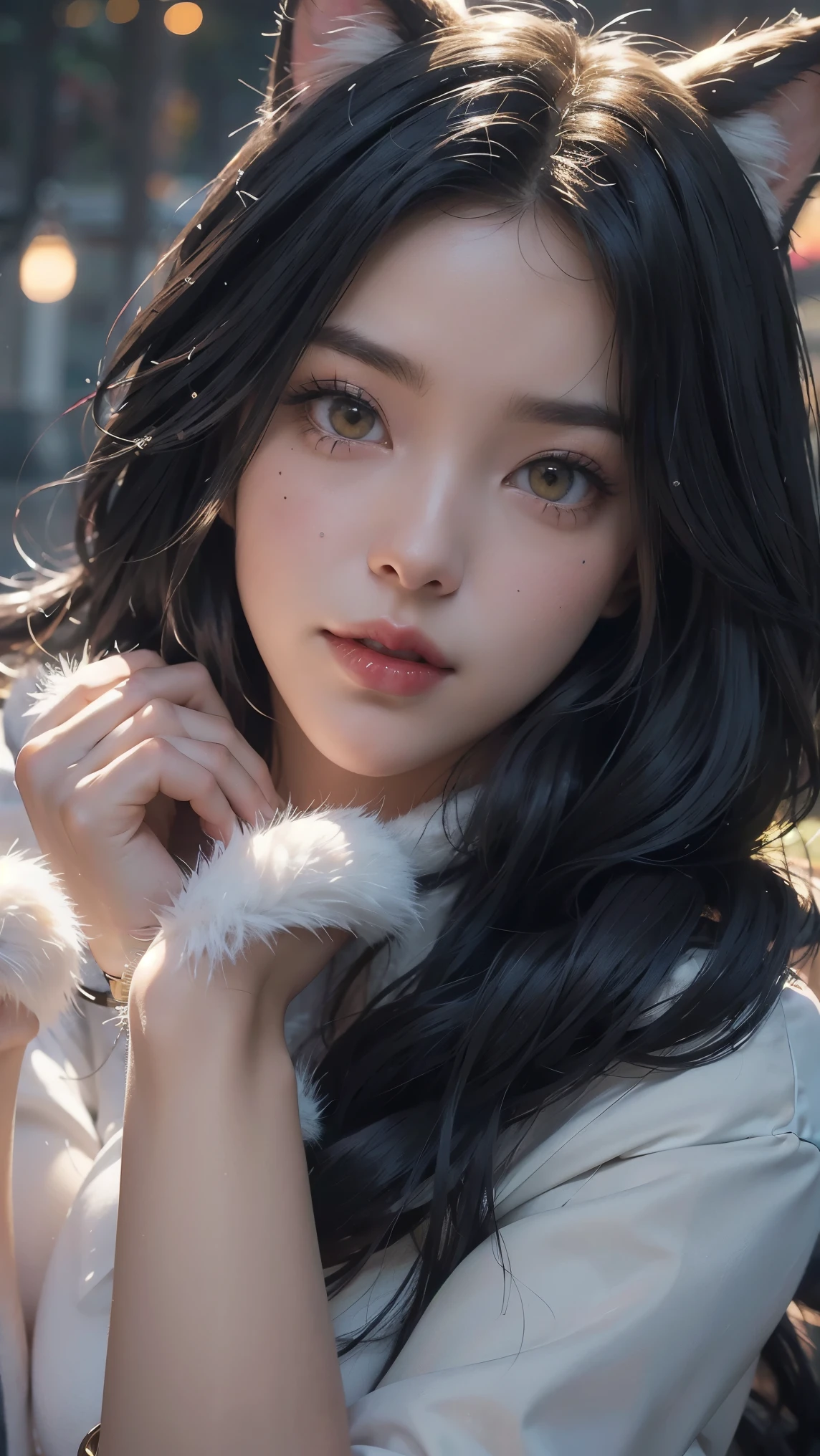 Ahri,(best qualityer,4K,8k,high resolution,work of art:1.2)(weather: snowing), Mondstadt town background, Christmas dinning room, winter outfit, long sleeve winter sweater, fur mittens, white fur scarf, beige winter leggings, winter fur boots, silver neck and head jewelry, snowflake embroidery, fox ears, long fox tail, cheek mole, whisker-like marks, long curly hair,  black hair, ultra detailed, realistic, portrait,beautiful detailed golden yellow eyes with slit-shaped pupils, glowing eyes,blush,beautiful detailed lips,extremely detailed eye and face, long eyelashes,sexy,average, large breasts,beaming smile, flirty smile, powerful girl, elegant pose, stunning curves, bright coloured, dramatic lighting, Christmas lights, Christmas decorations,