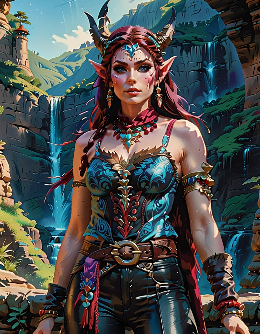 A tall woman in realistic portrait of high quality and detail, european, Chasca (Genshin Impact), turquoise drawings on the body, long elf ears, 30yo, perfect face, athletic body, Dark red hair reaching to the middle of the back, and bright blue eyes. The bangs have a purple tint at the tips and completely cover the left eye. If you look closely, you will notice a small pigtail on the right side of the head. a short sleeveless top with a cutout at the bottom, black leggings of different lengths, high-heeled boots and a red scarf around the neck. Her image is completed by a brown belt with a massive buckle, a hat with feathers, a gold earring in her right ear and fingerless gloves, pointed ears. dark fantasy, Movie style, light atmosphere, happy look, beautiful pink makeup, glow, eye shadow, 1girl, Depth & Perspective, fine face, She stands on the stone, outdoors, waterfall on background, day time, looking at viewer, (ultra-high detail:1.2), Masterpiece, Best Quality, Ultra-detailed, Cinematic lighting, 8K, delicate features, cinematic, 35 mm lens, f/1.9, highlight lighting, global lighting –uplight –v 4, cinematic, Cinematic lighting, 8K, high quality, Highest Quality, (Solo Focus), (extremly intricate:1.3), (Realistic), masterful, Analog style, (Film grain:1.5), (cold tone)