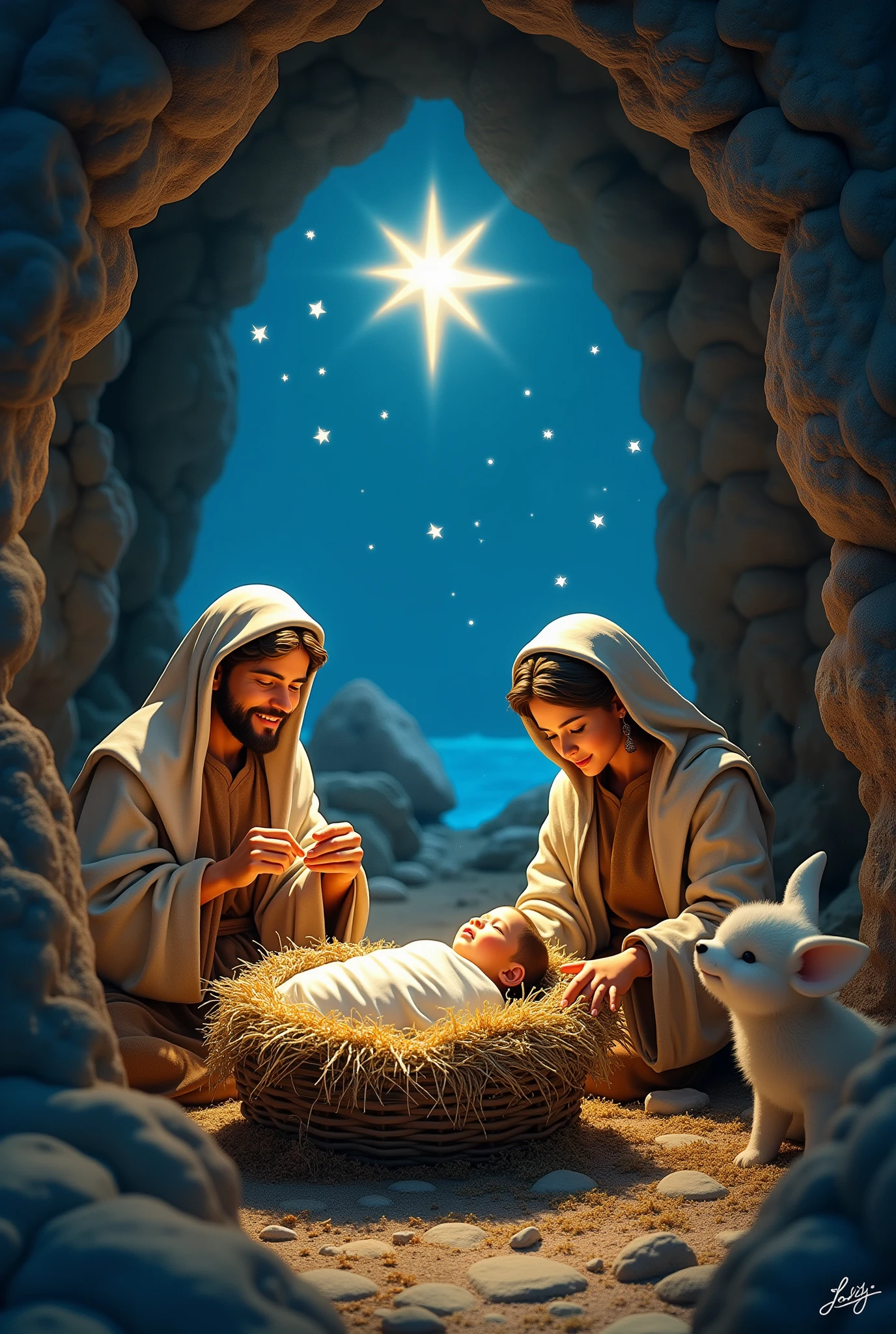 painting of a nativity scene with a baby jesus and a cow, with infant jesus, beautiful depiction, ( art fitzpatrick ), the birth, immaculately detailed, stock art, holy, artist unknown, three quarter view, by Robert Childress, catholic religious art, by mark keathley, by Scott Gustafson, by Juan O'Gorman, by Romano Vio