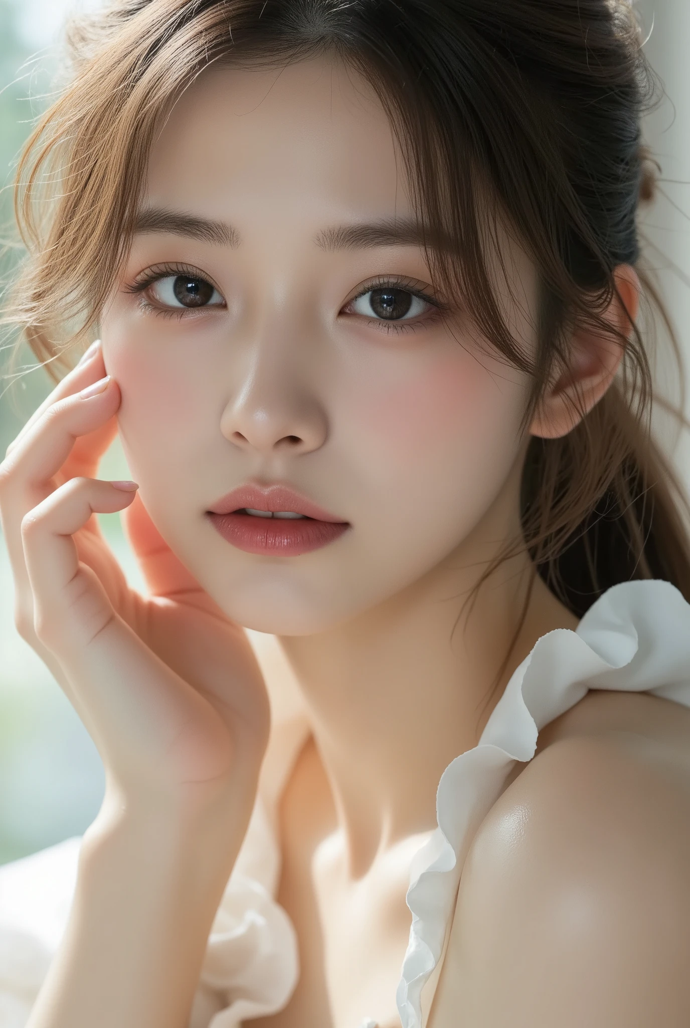20s, Japanese beauty, ultra-realistic photos, high resolution, angelic appearance, captivating presence, warm and dazzling light that surrounds the upper body, her natural talent. 35mm film portrait, innocence, KAWAII, exudes charm, realism, grace and beauty dominate the viewer.