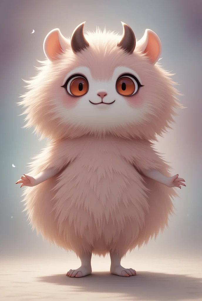 rare animal with round ball of fur, blank expression, big eyes, tilting its head, looking at you, dancing, so cute, pastel colored fluffy background, ultra detailed, absolutely resolution, masterpiece