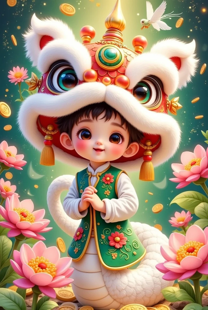 🐍，(美丽的男孩头上戴着中国lion hat特写)，lion hat， cute faces，Rain of coins in the air。Flowers，white dragon tail，