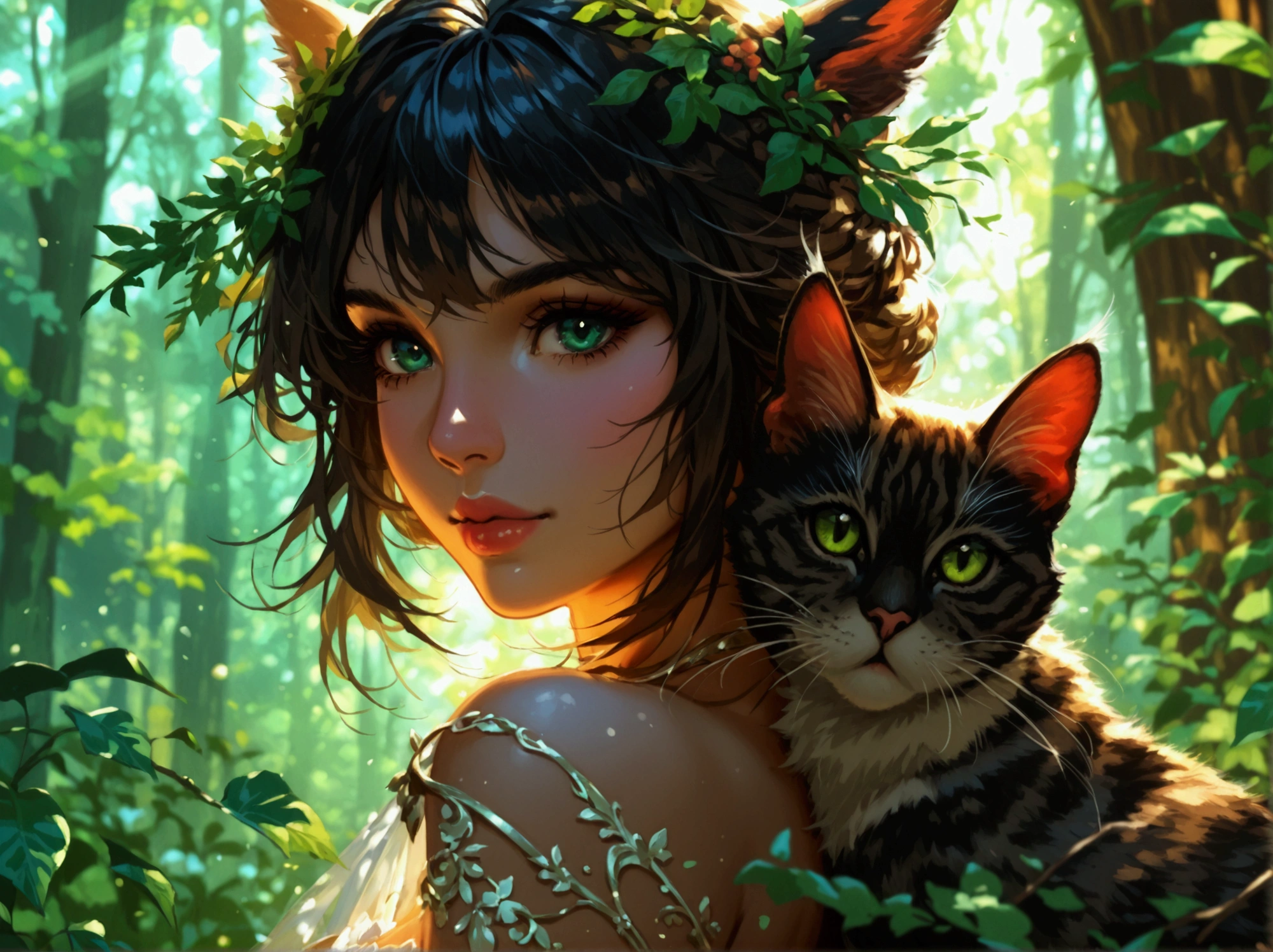 little cat, body, outfit warrior, Beautifull, green Forest, fireflies, moonlight