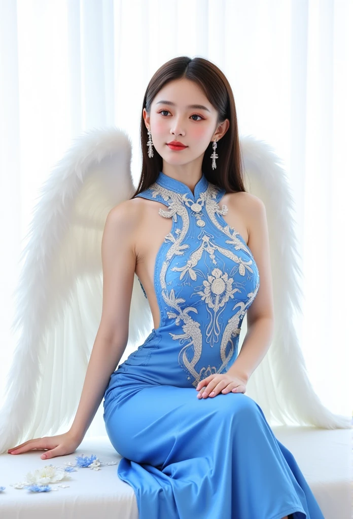 Thai angel, white back wing, wearing blue Thai dress, white background 