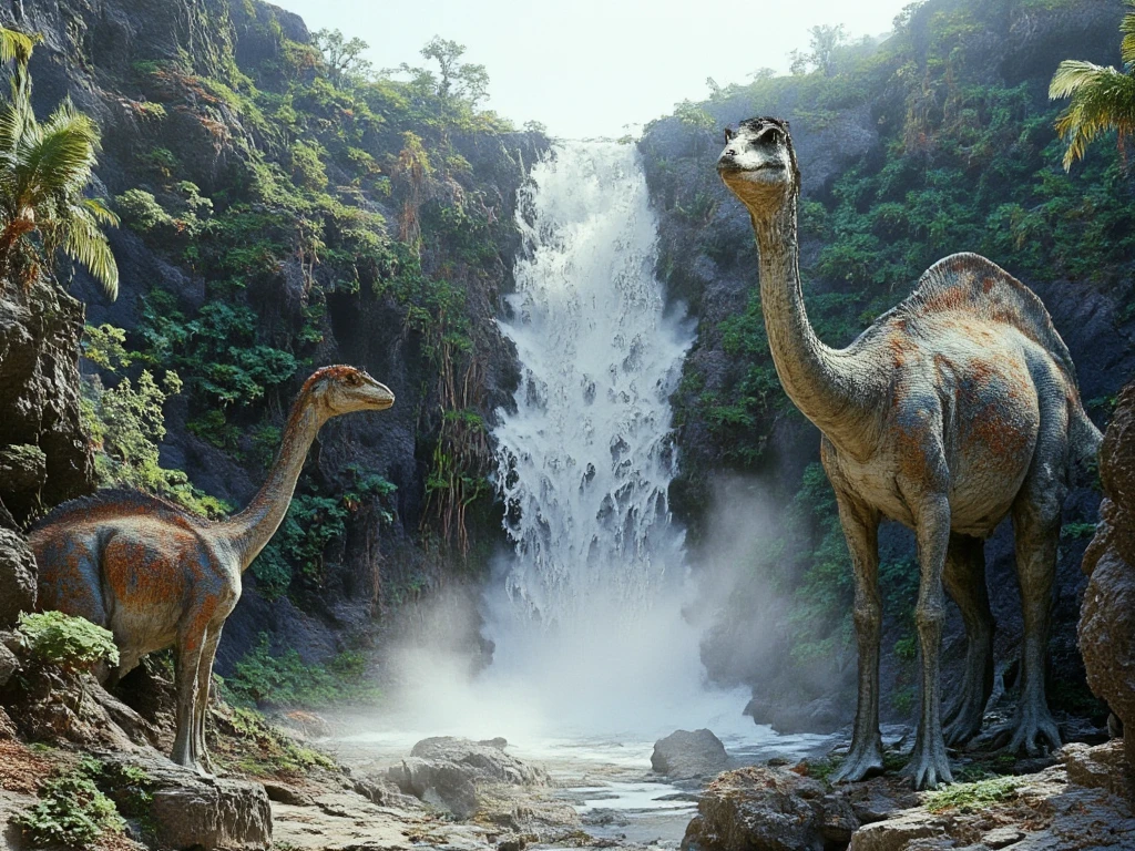 A photorealistic, 5D HD acrylic-style close-up capturing the majestic presence of a prehistoric dinosaur, such as a brachiosaurus, standing atop a rugged mountain. The dinosaur’s textured skin, with intricate scales and natural hues, is illuminated by soft sunlight, emphasizing its grandeur. Behind it, a cascading waterfall tumbles down the mountain, surrounded by vibrant, ancient greenery. Mist rises from the waterfall, adding a magical, atmospheric touch to the scene. The focus is on the dinosaur's expressive face and towering neck, with every detail crafted to create an immersive, lifelike experience.