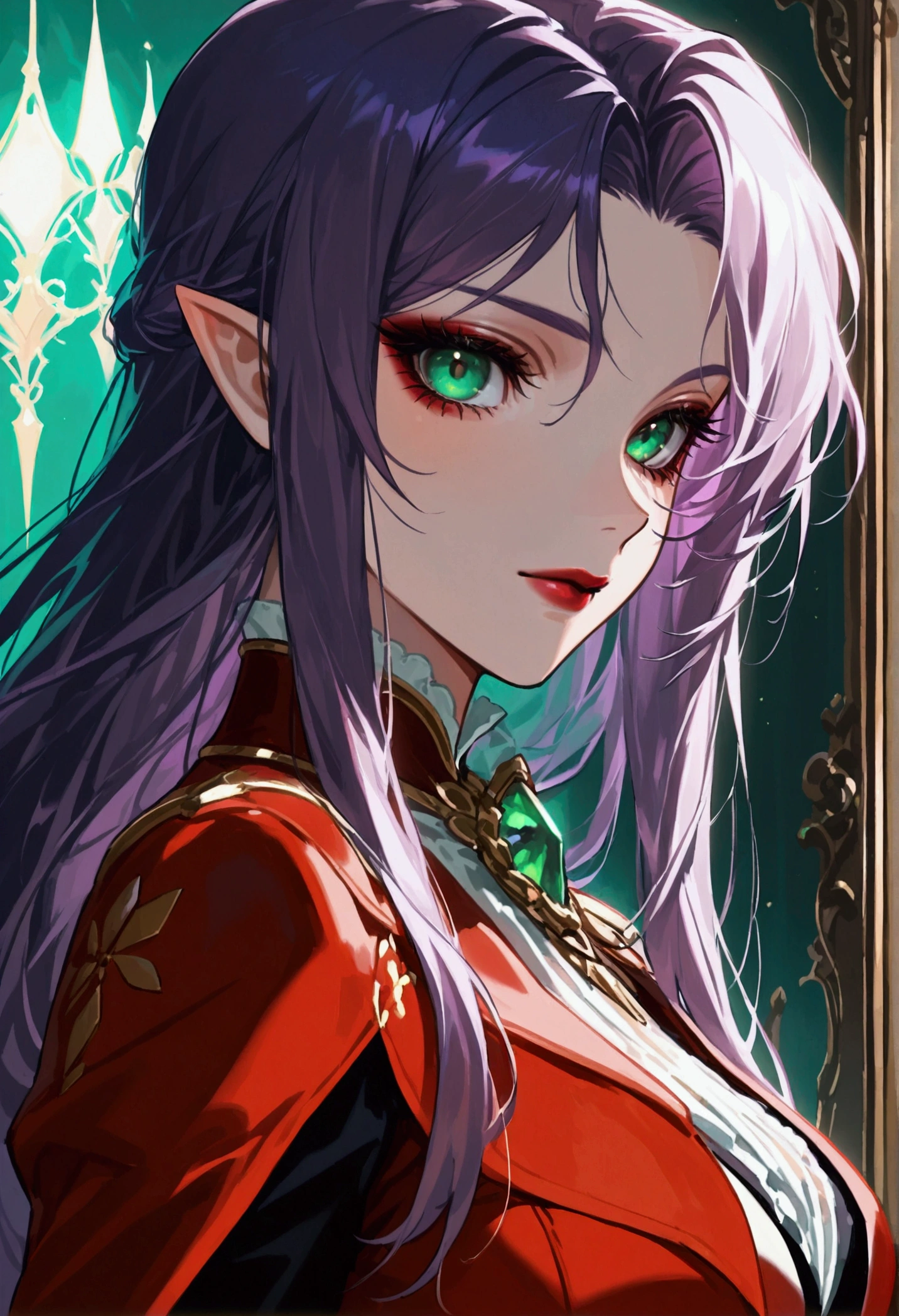 score_9, score_8_up, score_7_up, score_6_up, score_5_up, score_4_up, Arafed, a portrait of an vampire woman, exotic beauty, long hair, purple hair, (emerald green eyes), dark red lips, glamour shot, she wears an (red: 1.3) elegant suit, high heel boots, full body shot, 16k, ultra detailed, masterpiece, best quality, (extremely detailed), arafed, dnd art Cinematic Shot