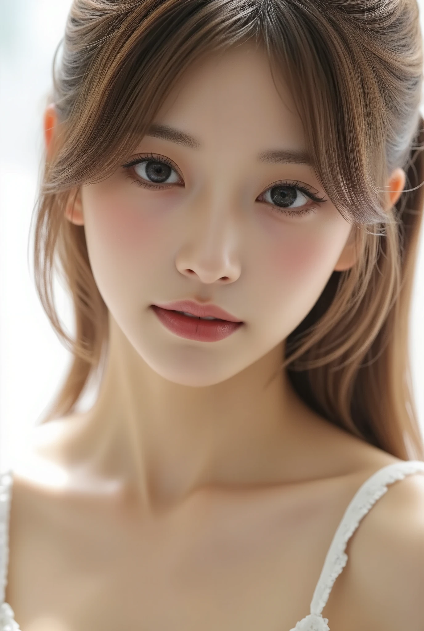20s, Japanese beauty, ultra-realistic photos, high resolution, angelic appearance, captivating presence, warm and dazzling light that surrounds the upper body, her natural talent. 35mm film portrait, innocence, KAWAII, exudes charm, realism, grace and beauty dominate the viewer.