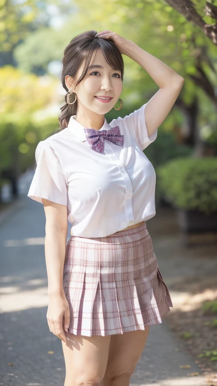 full body shot, from below,  Japanese woman with a viewing angle of, 68 years old,  detailed face , Facial wrinkles, Wrinkles around the eyes, smile,  Detailed Skin Textures ,  white skin,  heavy makeup ,  long hair , (curvy body, saggy breasts,  plump thighs), (earrings, school uniform, short sleeve shirt, summer style with light fabric, bow tie, pink mini skirt, plaid pleated mini skirt:1.2), ( is wearing high heels:1.2), ( standing in the park,  full body shot from toe to head wearing black high heels:1.2), (surrealism, best quality, ultra detailed, absolutely resolution, 8k, anatomically correct), depth of field, looking at viewer, tachi-e, (kz), (1woman), full body,  detailed face  