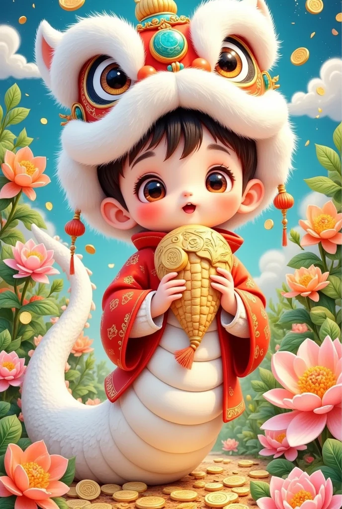 🐍，(美丽的男孩头上戴着中国Lion hat特写)，Lion hat， cute faces，Holding a cornucopia，，Rain of coins in the air。Flowers，white dragon tail，