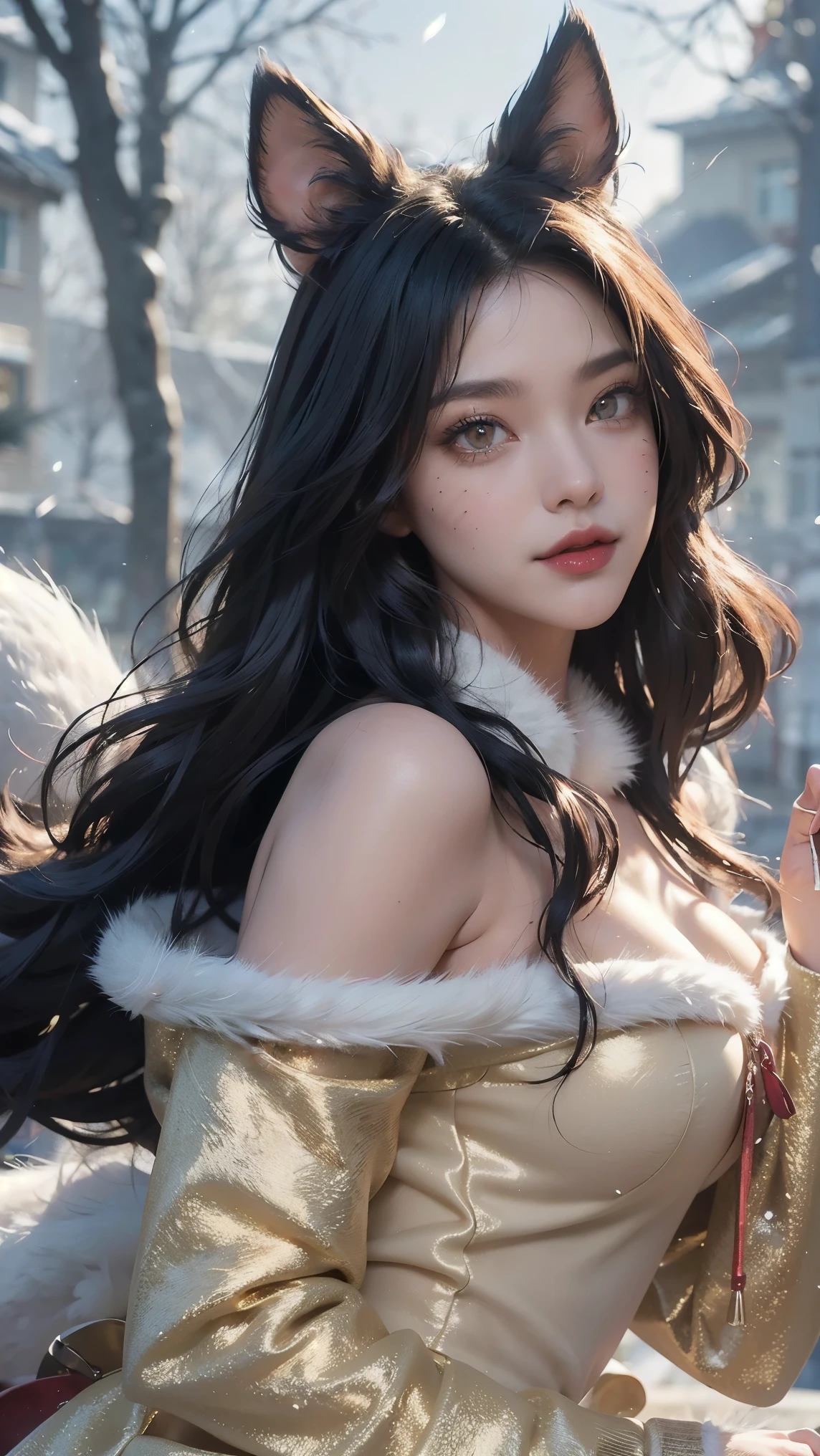 Ahri,(best qualityer,4K,8k,high resolution,work of art:1.2)(weather: snowing), Mondstadt town background, Christmas dinning room, winter outfit, beige long sleeve winter sweater, fur mittens, white fur scarf, brown winter pants, winter fur boots, silver neck jewelry, snowflake embroidery, small purse, fox ears, long fox tail, cheek mole, whisker-like marks, long curly hair,  black hair, ultra detailed, realistic, portrait,beautiful detailed golden yellow eyes with slit-shaped pupils, glowing eyes,blush,beautiful detailed lips,extremely detailed eye and face, long eyelashes,sexy,average, large breasts,beaming smile, flirty smile, powerful girl, elegant pose, stunning curves, bright coloured, dramatic lighting, Christmas lights, Christmas decorations,
