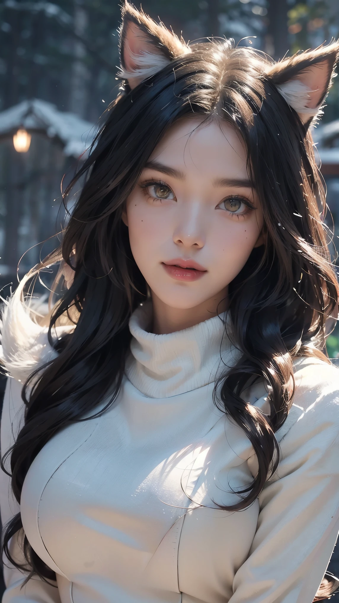 Ahri,(best qualityer,4K,8k,high resolution,work of art:1.2)(weather: snowing), Mondstadt town background, Christmas dinning room, winter outfit, beige long sleeve winter sweater, fur mittens, white fur scarf, brown winter pants, winter fur boots, silver neck jewelry, snowflake embroidery, small purse, fox ears, long fox tail, cheek mole, whisker-like marks, long curly hair,  black hair, ultra detailed, realistic, portrait,beautiful detailed golden yellow eyes with slit-shaped pupils, glowing eyes,blush,beautiful detailed lips,extremely detailed eye and face, long eyelashes,sexy,average, large breasts,beaming smile, flirty smile, powerful girl, elegant pose, stunning curves, bright coloured, dramatic lighting, Christmas lights, Christmas decorations,