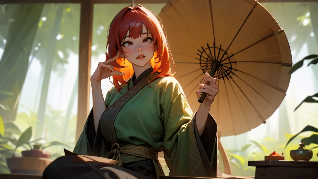 a woman in a lotus position on a wooden platform, long colorful sleeves, red percussion mallet, gold singing bowls, large gong hanging on black metal frame, woven bamboo basket with meditation tools, lush green jungle background, serene and focused atmosphere, (best quality,4k,8k,highres,masterpiece:1.2),ultra-detailed,(realistic,photorealistic,photo-realistic:1.37),portrait,hyperrealistic,warm lighting,vibrant colors
