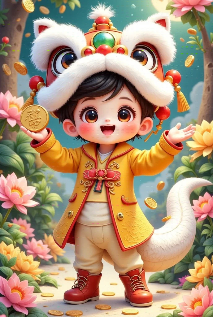 🐍，(美丽的男孩头上戴着中国lion hat特写)，lion hat， cute faces，Holding a cornucopia，，Rain of coins in the air。Flowers，white dragon tail，