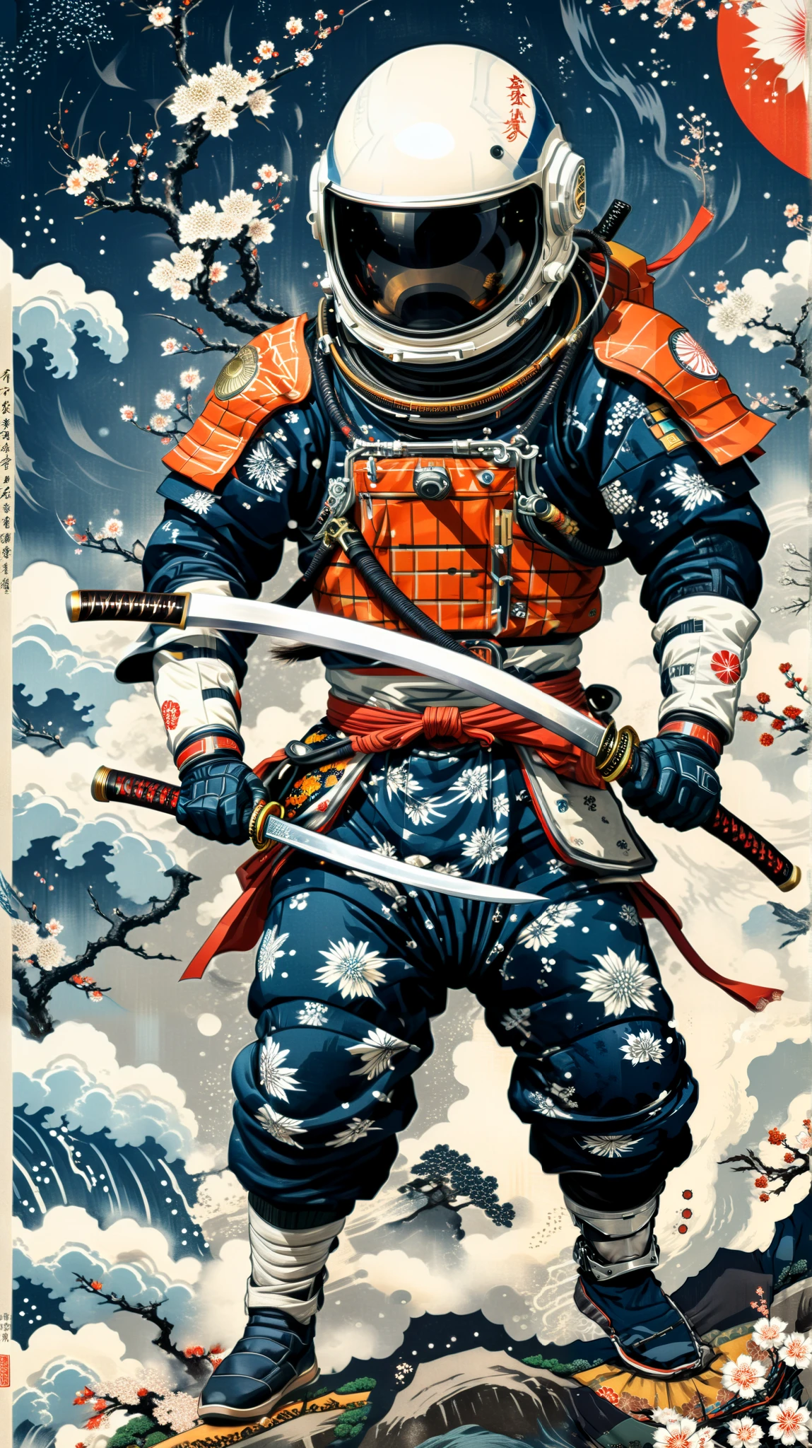 (high, HDR-10:1.2)  astronaut-samurai with astronaut helmet ( full body)  attacking with a katana held with both hands,  clothing intricate textile patterns .   illustration style ukiyo-e , (clothing with detailed textile patterns . Retro-futurism, Japan, epic pose. 8K. (Plain background)