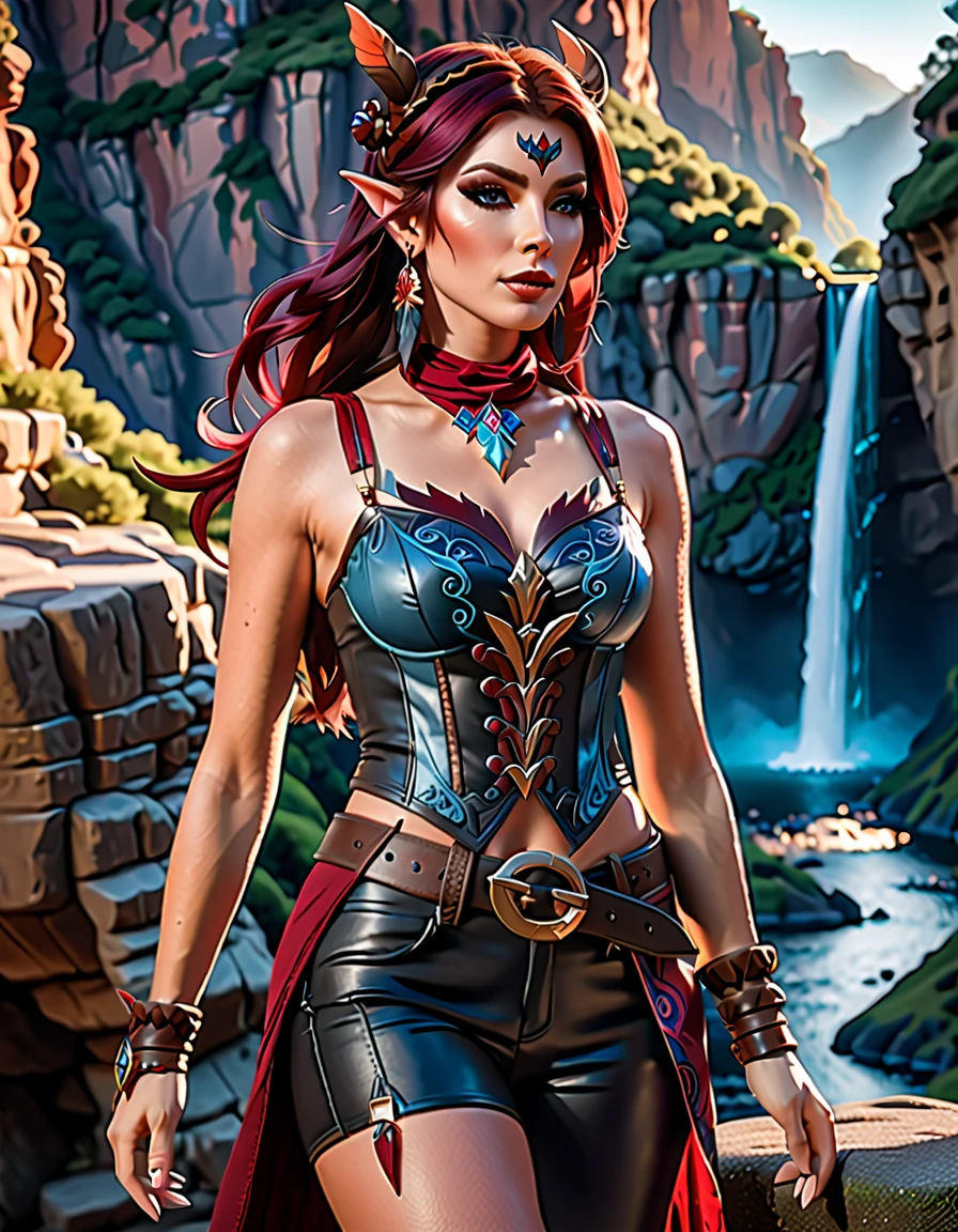 A tall woman in realistic portrait of high quality and detail, european, Chasca (Genshin Impact), turquoise drawings on the body, long elf ears, 30yo, perfect face, athletic body, Dark red hair reaching to the middle of the back, and bright blue eyes. The bangs have a purple tint at the tips and completely cover the left eye. If you look closely, you will notice a small pigtail on the right side of the head. a short sleeveless top with a cutout at the bottom, black leggings of different lengths, high-heeled boots and a red scarf around the neck. Her image is completed by a brown belt with a massive buckle, a hat with feathers, a gold earring in her right ear and fingerless gloves, pointed ears. dark fantasy, Movie style, light atmosphere, happy look, beautiful pink makeup, glow, eye shadow, 1girl, Depth & Perspective, fine face, She stands on the stone, outdoors, waterfall on background, day time, looking at viewer, (ultra-high detail:1.2), Masterpiece, Best Quality, Ultra-detailed, Cinematic lighting, 8K, delicate features, cinematic, 35 mm lens, f/1.9, highlight lighting, global lighting –uplight –v 4, cinematic, Cinematic lighting, 8K, high quality, Highest Quality, (Solo Focus), (extremly intricate:1.3), (Realistic), masterful, Analog style, (Film grain:1.5), (cold tone)