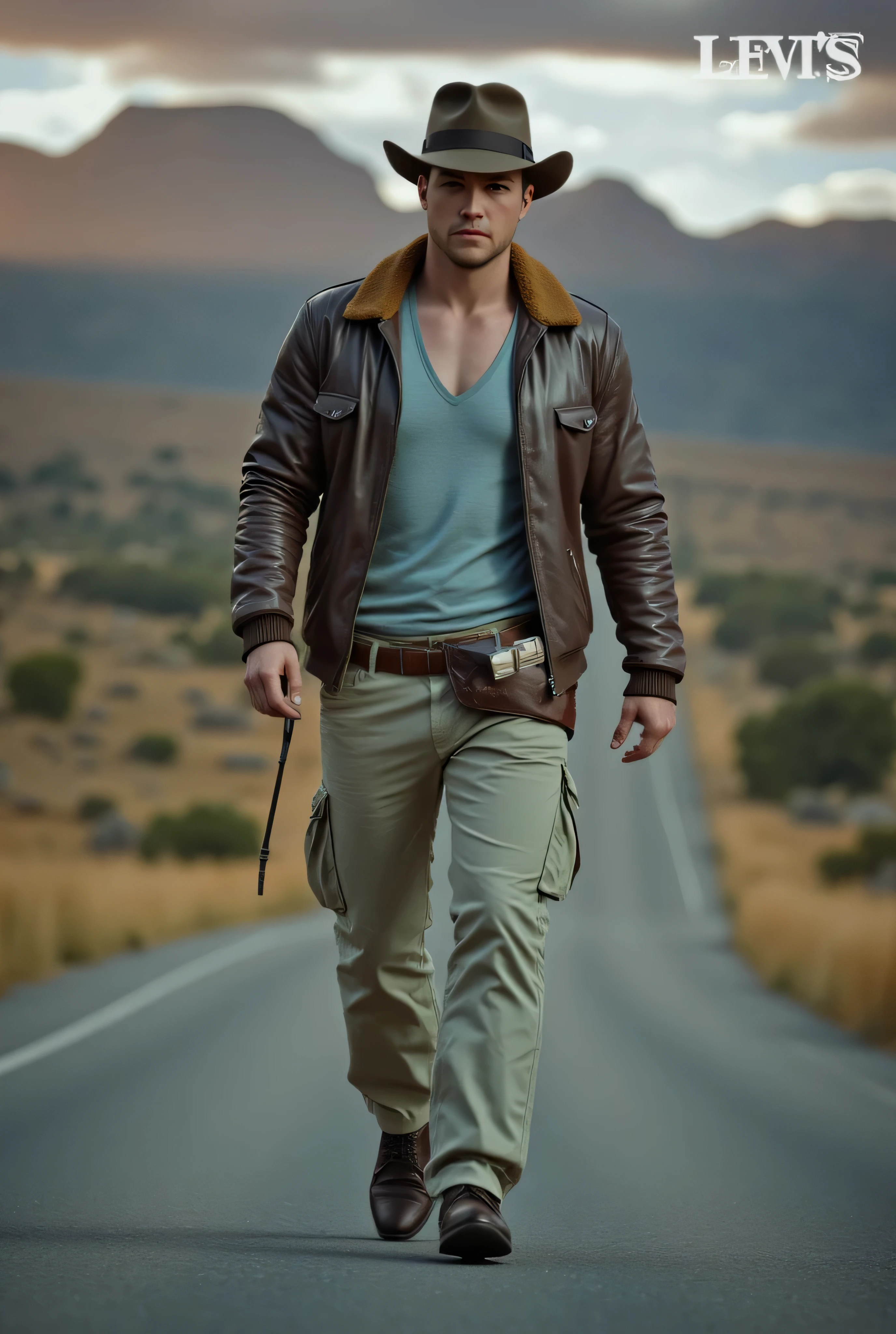  engraved image of a modern explorer walking down a road wearing a fedora hat, an open brown leather bomber jacket over an earth-brown shirt,  khaki chinos light earth tones, Stylish self-confident, desert landscape, summer, sunset, A digital representation of Indiana Johnson,  he carries a bullwhip and has a holster for a revolver, vintage advertisement of Levis, 1990s style clothing,  casual wear,  style by Jordan Grimmer,  90s Fashion, cool style, chiaroscuro, depth of field, cinematic lighting, Fujicolor, UHD, Retina, Masterpiece, Accurate, anatomically correct, textured skin, Super detail, high details, high quality, award winning, best quality, highres, 1080P, HD, 16K