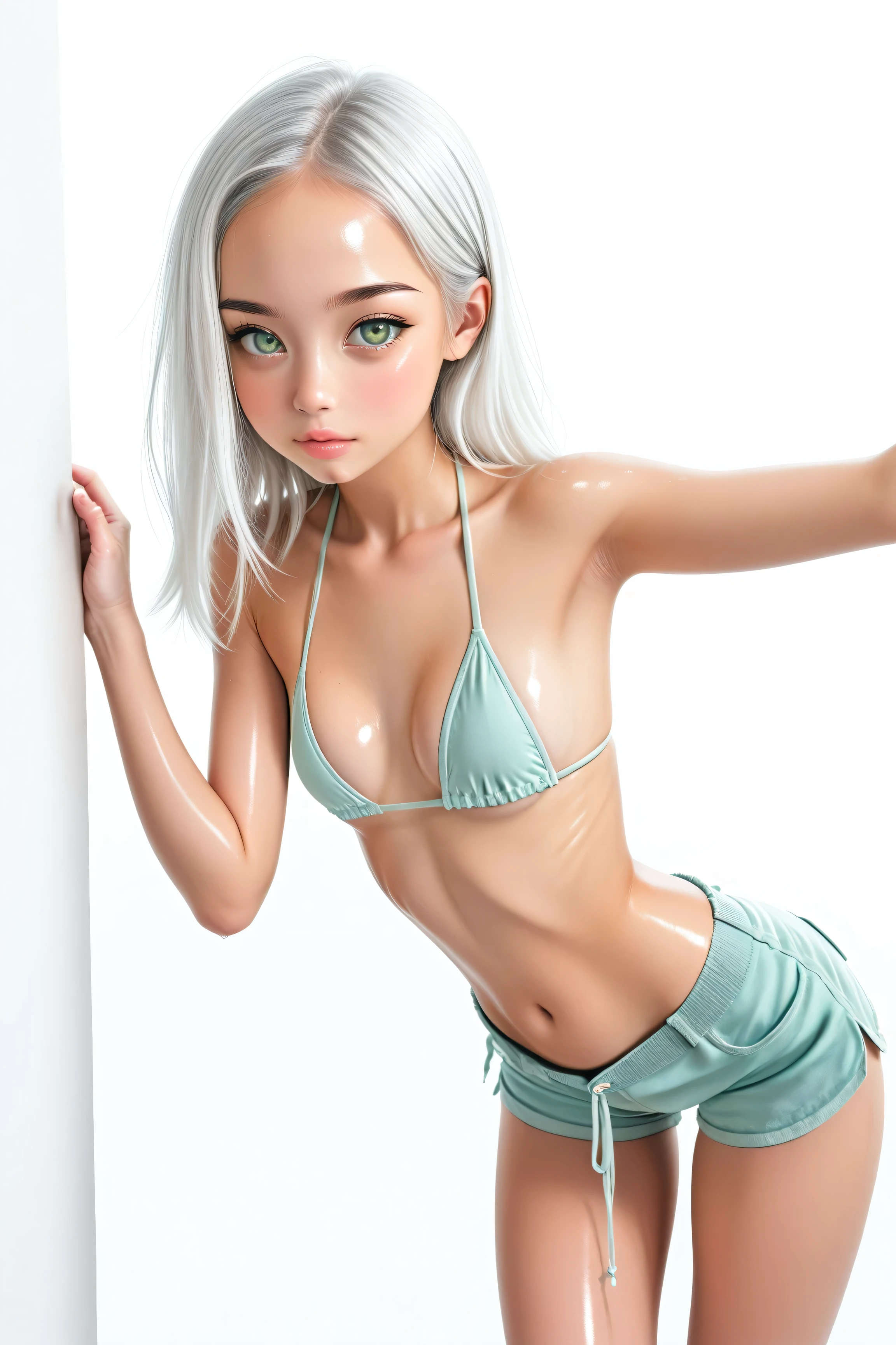 cute asian , white hair, green eyes, slim, small breasts , petite, shiny skin, bikini top, shorts, White background