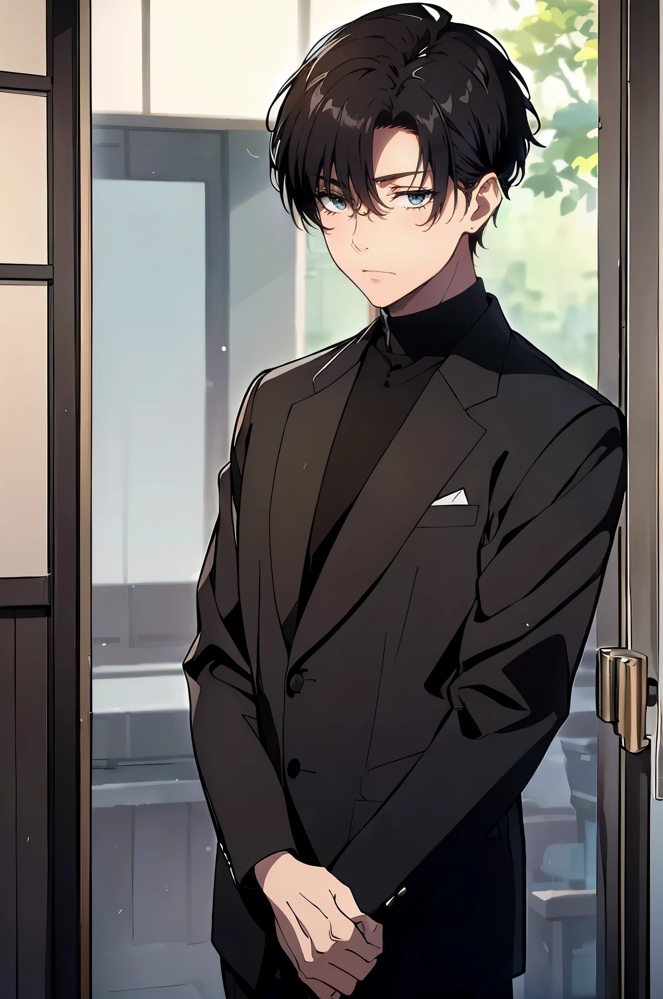 ((4K works))、masterpiece、(top-quality)、((high-level image quality))、((One Manly Boy))、Slim body、((White Polo, black pants))、((Men's Fashion))、(Detailed beautiful eyes)、Levi Ackerman、((short hair above the ears))、((Smaller face))、((Neutral face))、((Korean boy))、((25-years old))、((Handsome man))、((sings))、((Korean Makeup))、((elongated and sharp eyes))、((Black eyes))、((Like a celebrity))、Everyday photography、((Shot alone))、((Shot diagonally from the side))、((Upper body photography))、((Artist Photos))