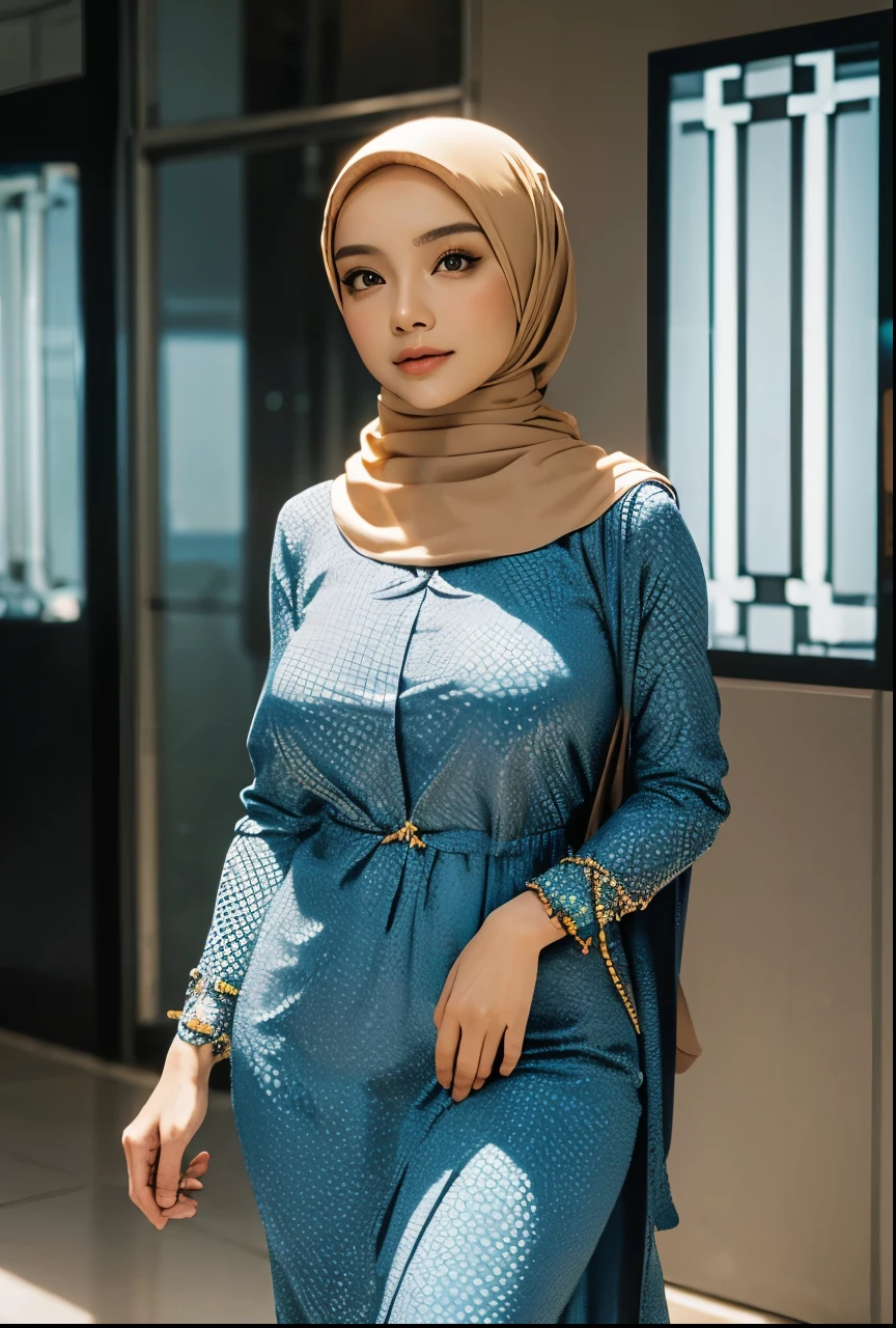 1 lady, 30 years old, hijabi, wearing tight malay baju kurung, fine wrinkles, walking shot, standing outside a hall, fishnet malay baju kurung, (big breast 1.8), wearing plain hijab, short hijab, slim body type, confident, beautiful, body shape, revealing, less cloth hanging simple dress, skin tight at breast area, frontal shot, cleavage showing, round breasts, front view