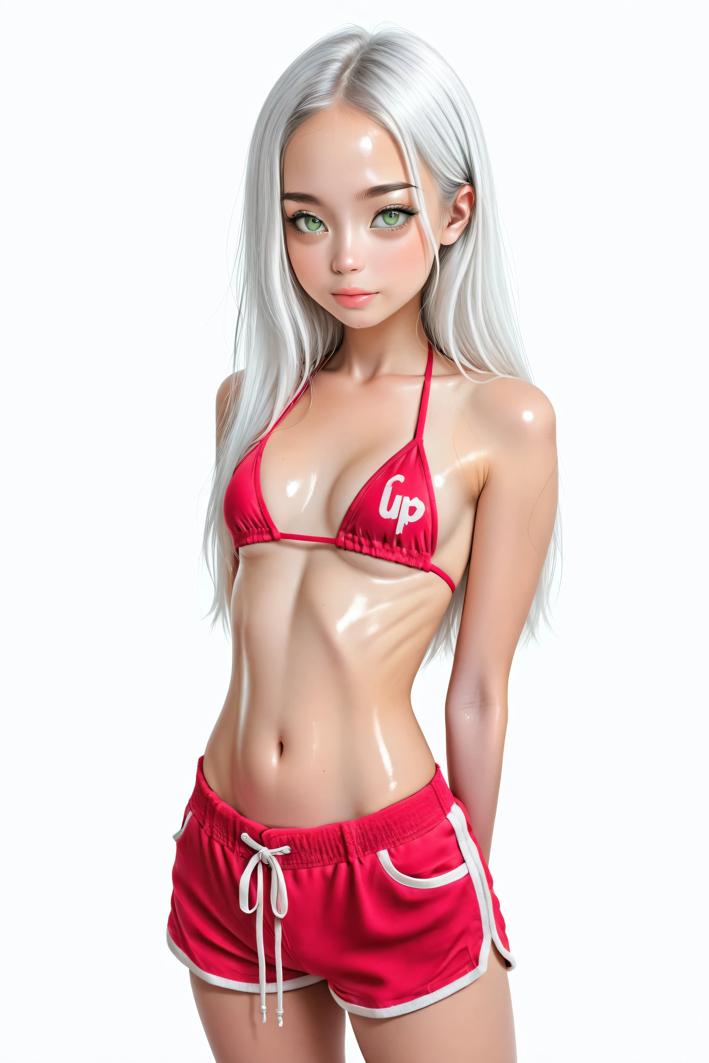 cute asian , white hair, green eyes, slim, small breasts , petite, shiny skin, bikini top, shorts, White background