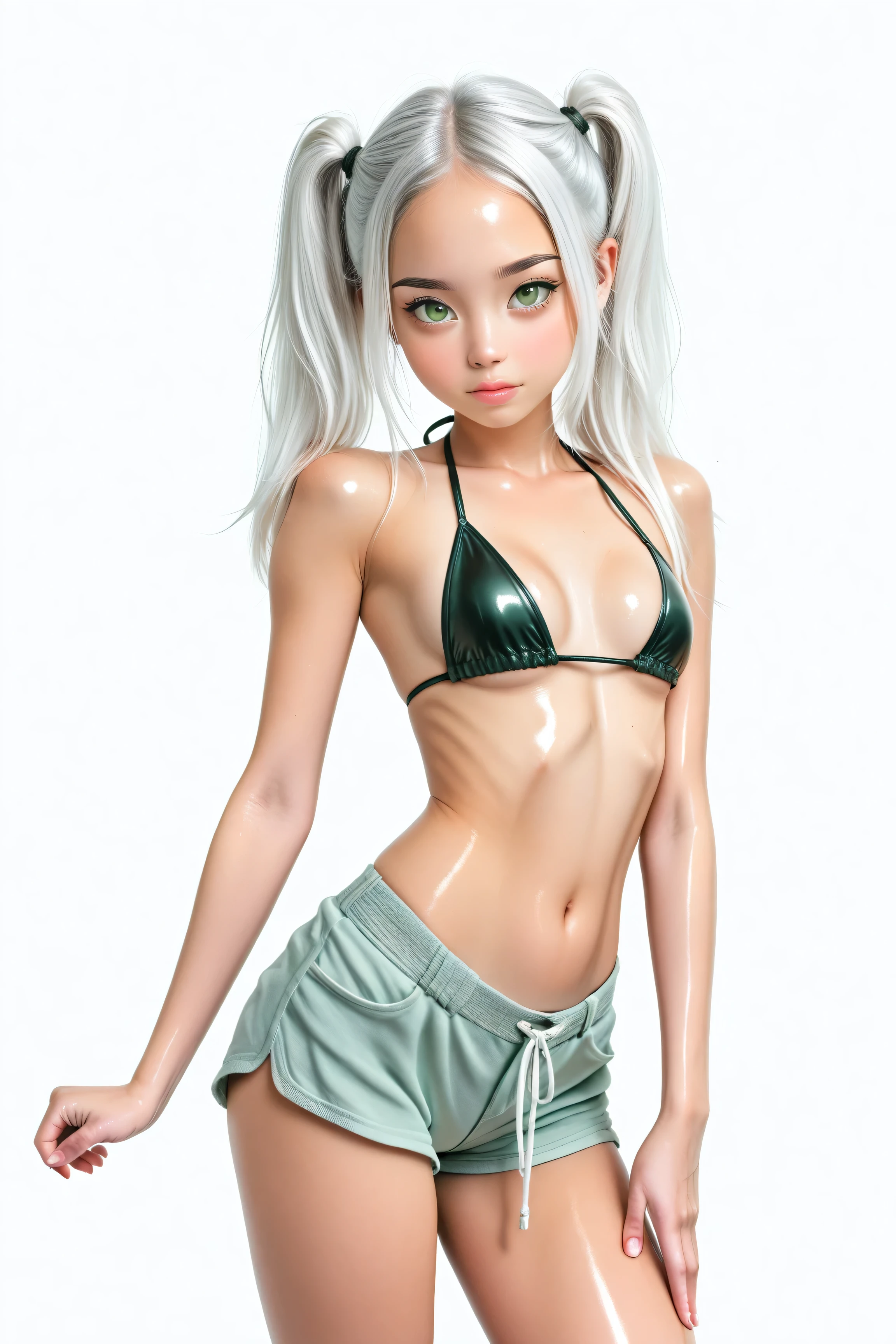 cute asian , white hair, green eyes, slim, small breasts , petite, shiny skin, bikini top, shorts, White background