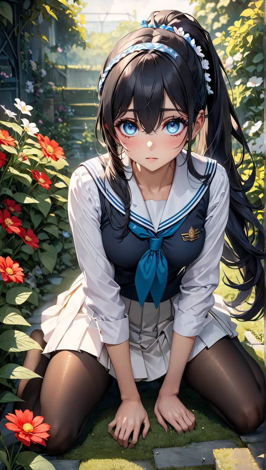 A beautiful woman, 18 years old, in a valley surrounded by mountains, lying on the grass stretching her arms, sunrise, sun emerging between the mountains, eyes closed, asleep, aerial view, superior focus, /(white skin, extremely long straight jet black hair combed in a ponytail, topaz blue eyes,), /(plain pleated mini skirt with flower patterns, light thigh-high stockings held up by garters, leather boots, full body coat, hair brooch,), /(shapely legs, athletic hourglass body, medium hips, medium waist, large chest, perfect tapered hands, triangular face, long fingers, Greek nose,),