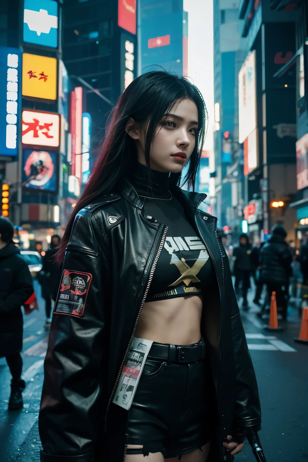 A girl, in the cyberpunk city, Cyberpunk Photos, Cyberpunk 2000. role model, in a future cyberpunk city, Woman, at an cyberpunk city, cyberpunk girl, cyberpunk style, cyberpunk girl, Tokyo's Future Cyberpunk Night, in the cyberpunk city, (work of art、4k resolution、Surrealism、very detailled), "Full and juicy lips, charming big eyes, clear jaw, and high cheekbones. perfectly symmetrical face,The facial features are distinct.", wear glasses, korean.