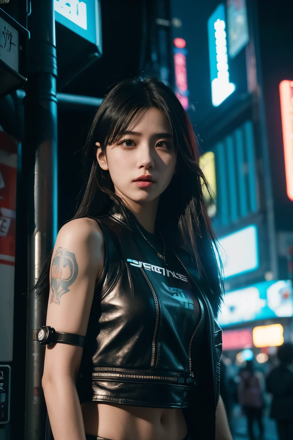 A girl, in the cyberpunk city, Cyberpunk Photos, Cyberpunk 2000.  role model, in a future cyberpunk city, Woman, at an cyberpunk city, cyberpunk girl, cyberpunk style, cyberpunk girl, Tokyo&#39;s Future Cyberpunk Night, in the cyberpunk city, (work of art、4k resolution、Surrealism、very detailled), "Full and juicy lips, charming big eyes, clear jaw, and high cheekbones. perfectly symmetrical face，The facial features are distinct.", wear glasses, korean.